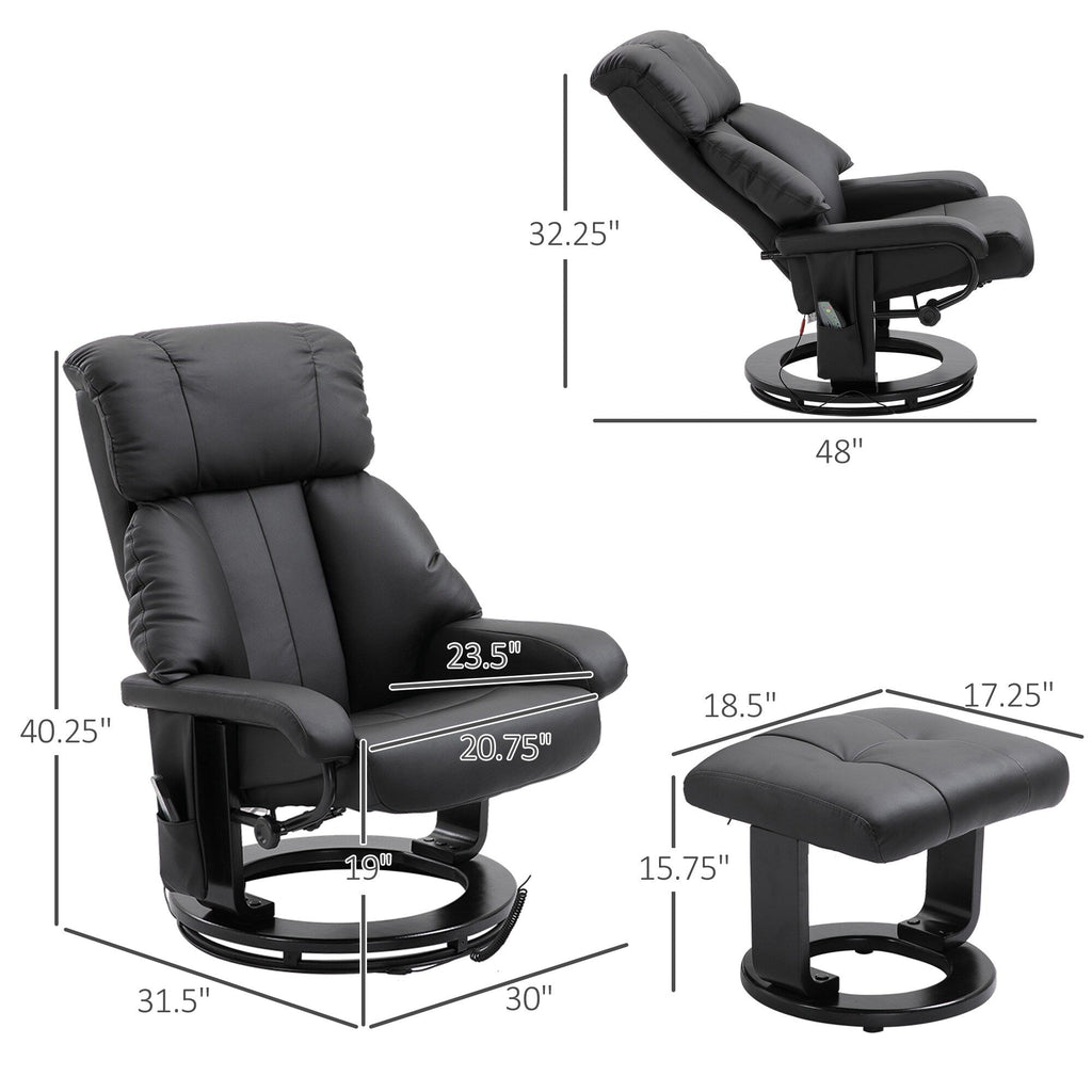 Fauteuil inclinable en similicuir noir avec repose-pieds, massage par vibrations et base pivotante en bois pour salon et chambre