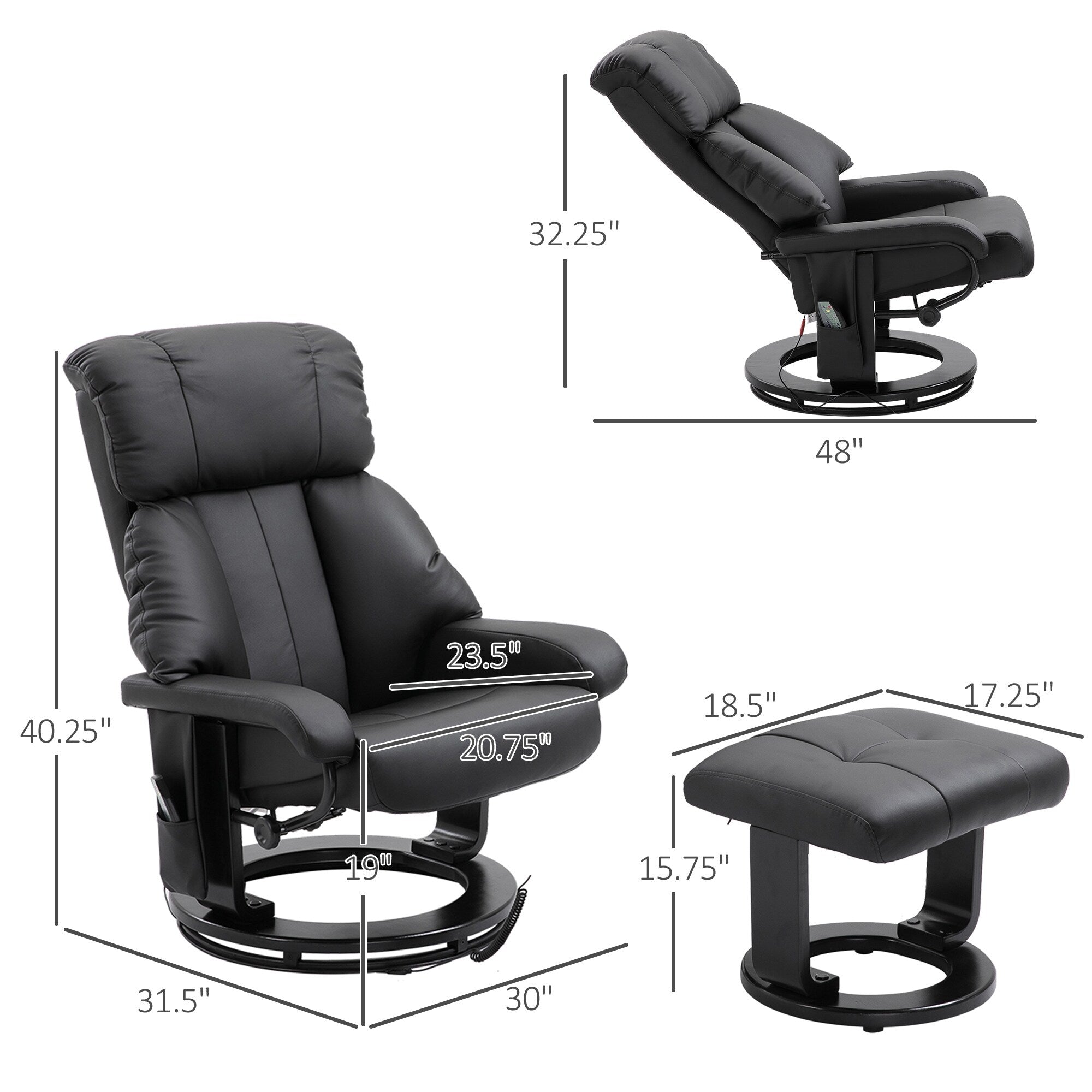 Fauteuil inclinable en similicuir noir avec repose-pieds, massage par vibrations et base pivotante en bois pour salon et chambre