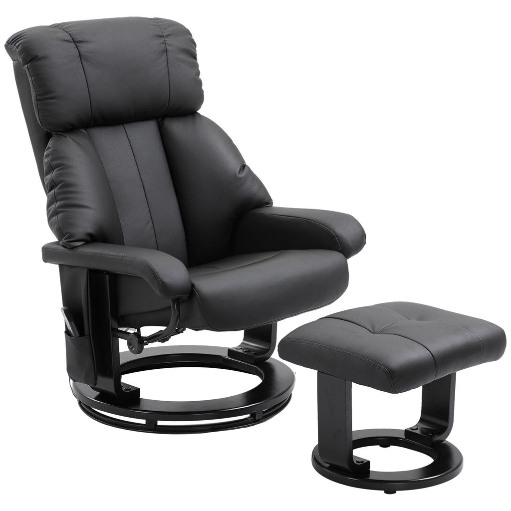Fauteuil inclinable en similicuir noir avec repose-pieds, massage par vibrations et base pivotante en bois pour salon et chambre