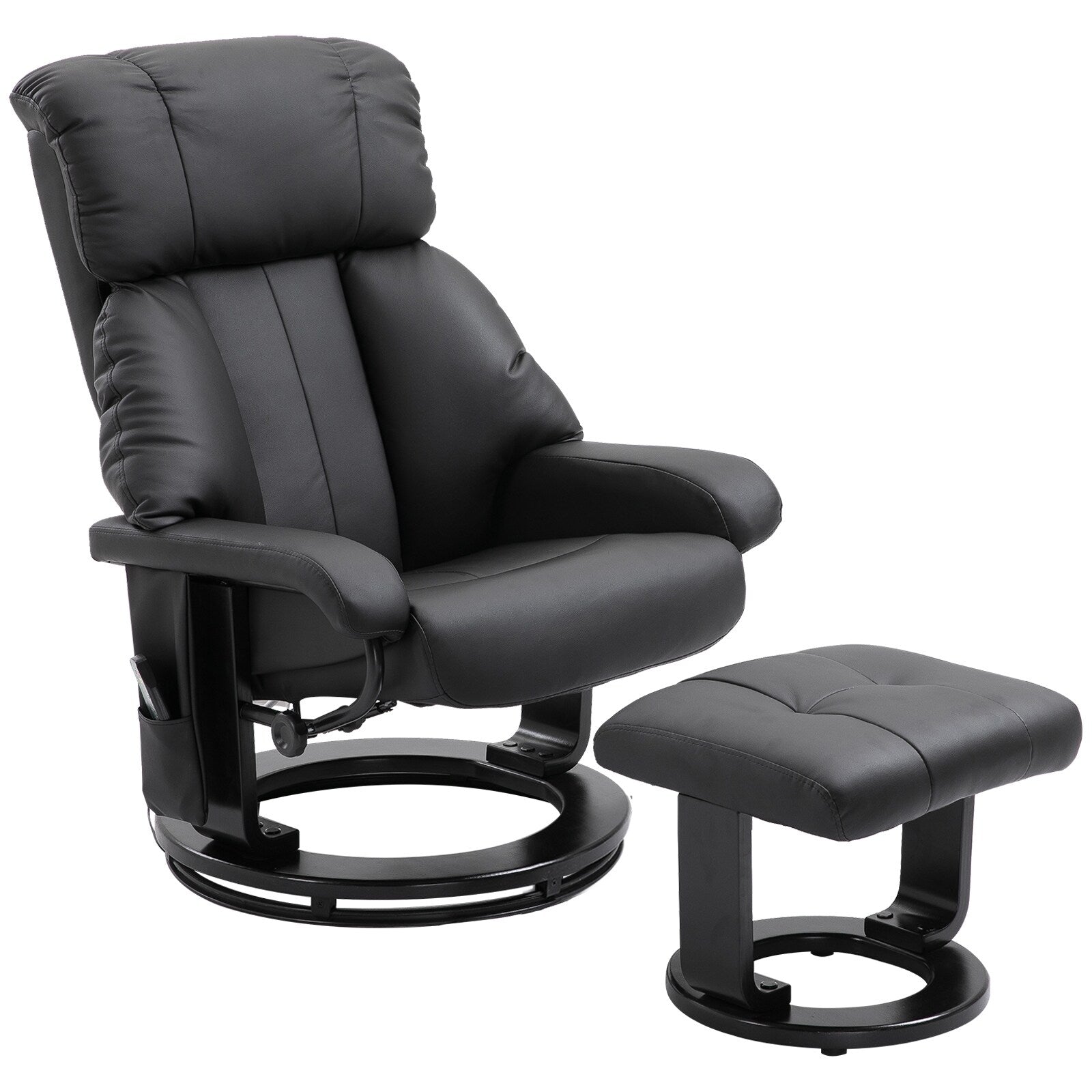 Fauteuil inclinable en similicuir noir avec repose-pieds, massage par vibrations et base pivotante en bois pour salon et chambre