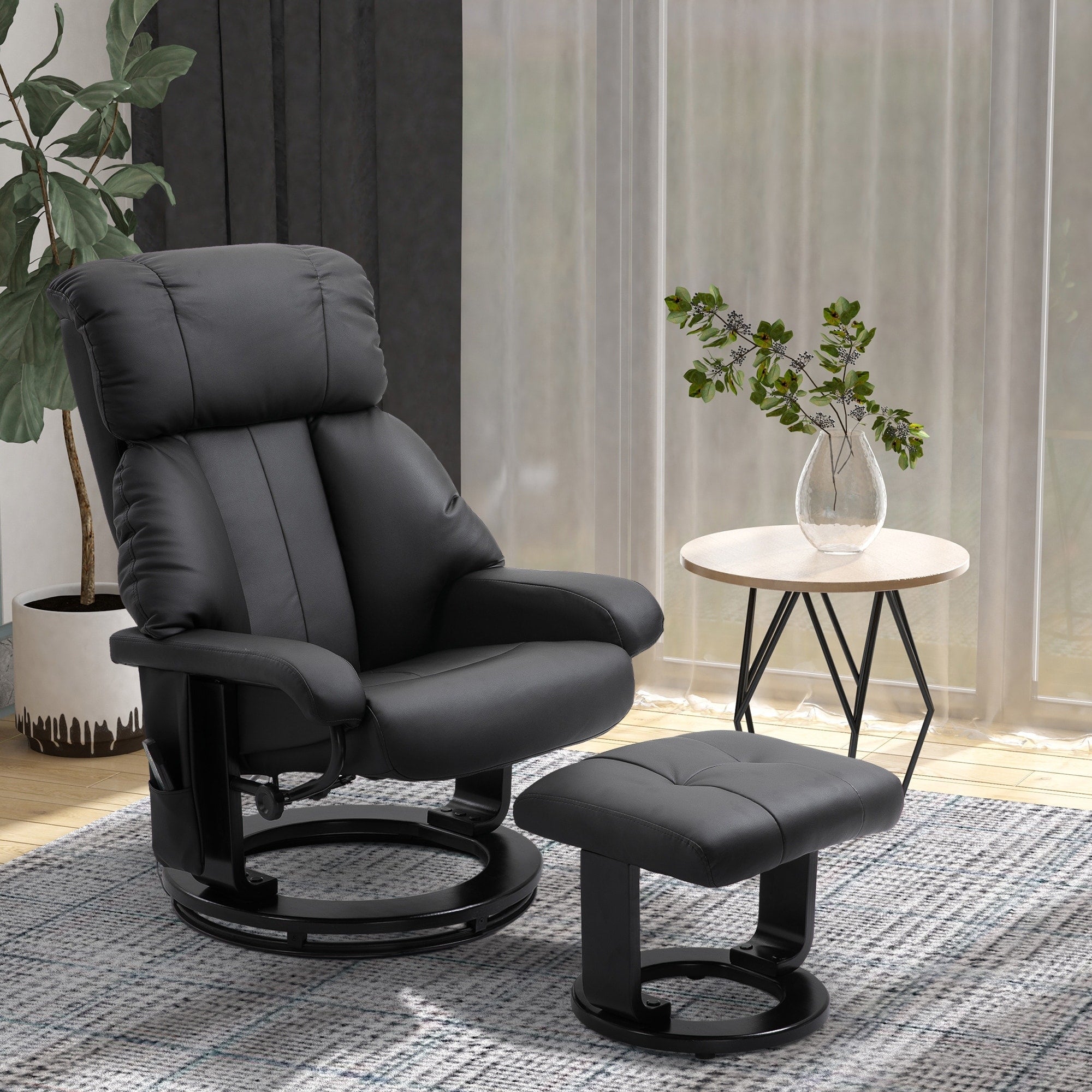 Fauteuil inclinable en similicuir noir avec repose-pieds, massage par vibrations et base pivotante en bois pour salon et chambre