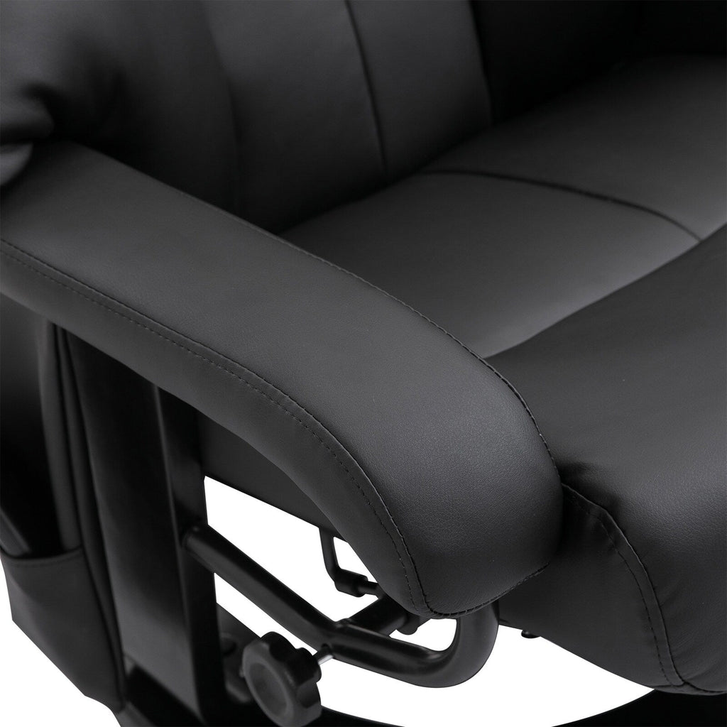 Fauteuil inclinable en similicuir noir avec repose-pieds, massage par vibrations et base pivotante en bois pour salon et chambre