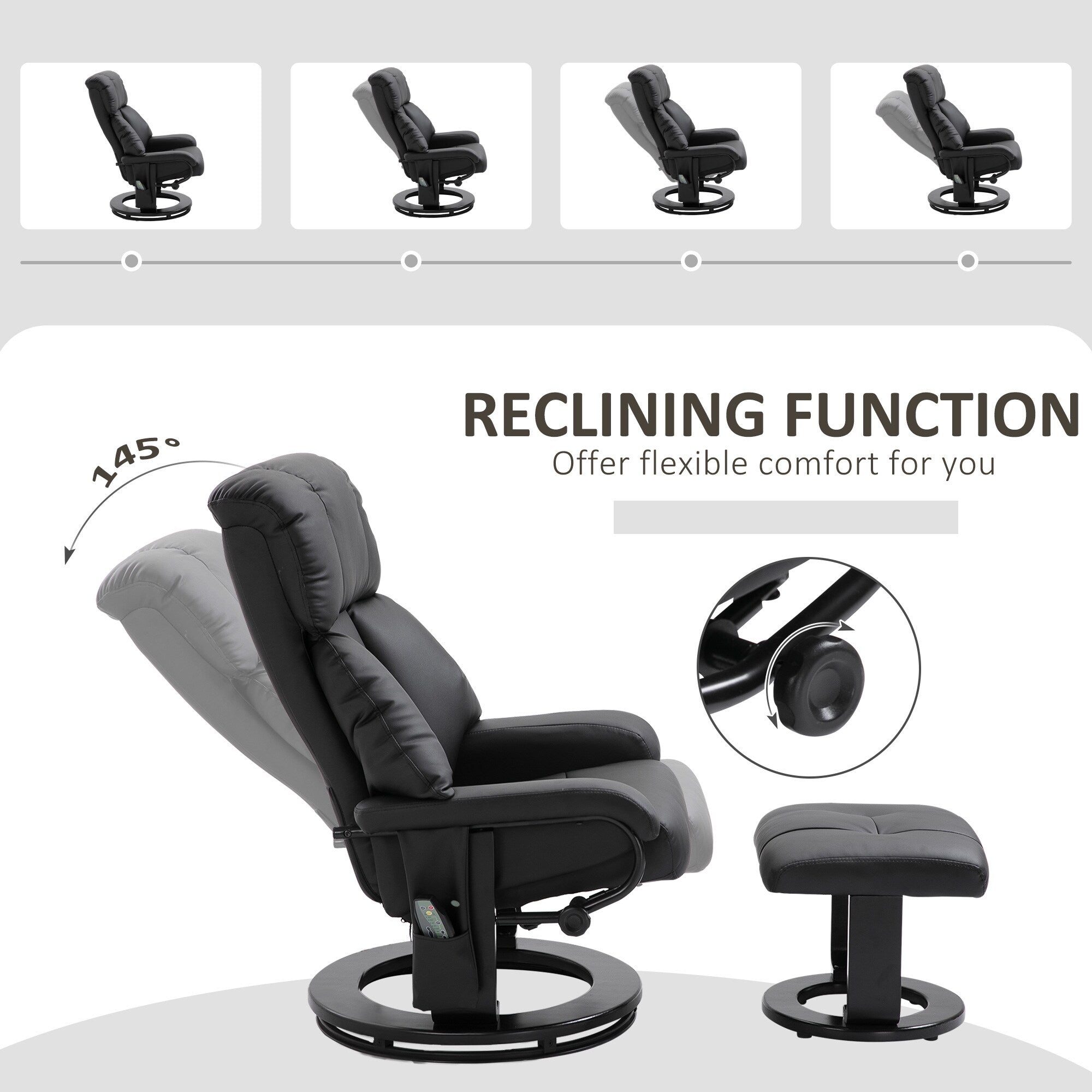 Fauteuil inclinable en similicuir noir avec repose-pieds, massage par vibrations et base pivotante en bois pour salon et chambre