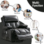 Fauteuil de massage électrique noir de grande taille pour personnes âgées, chauffant et vibrant, cuir synthétique, port USB, réglages réglables