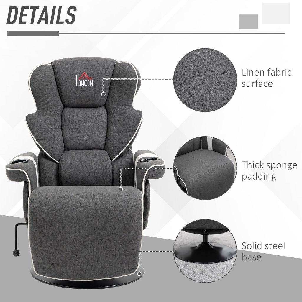Fauteuil inclinable manuel pivotant en lin noir avec repose-pieds et deux porte-gobelets pour salon