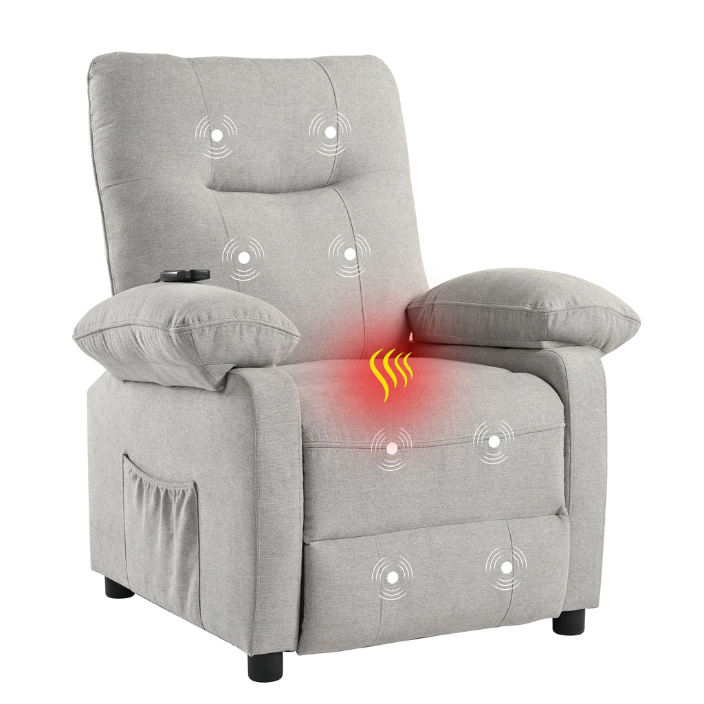 Fauteuil inclinable manuel noir avec massage et chauffage, cadre en bois massif robuste et revêtement en tissu confortable
