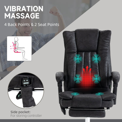 Fauteuil de bureau inclinable pivotant à 360° en microfibre noire avec massage par vibration, chauffage, repose-pieds et hauteur réglable