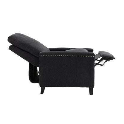 Fauteuil inclinable manuel moderne en velours noir avec coussins et décoration cloutée