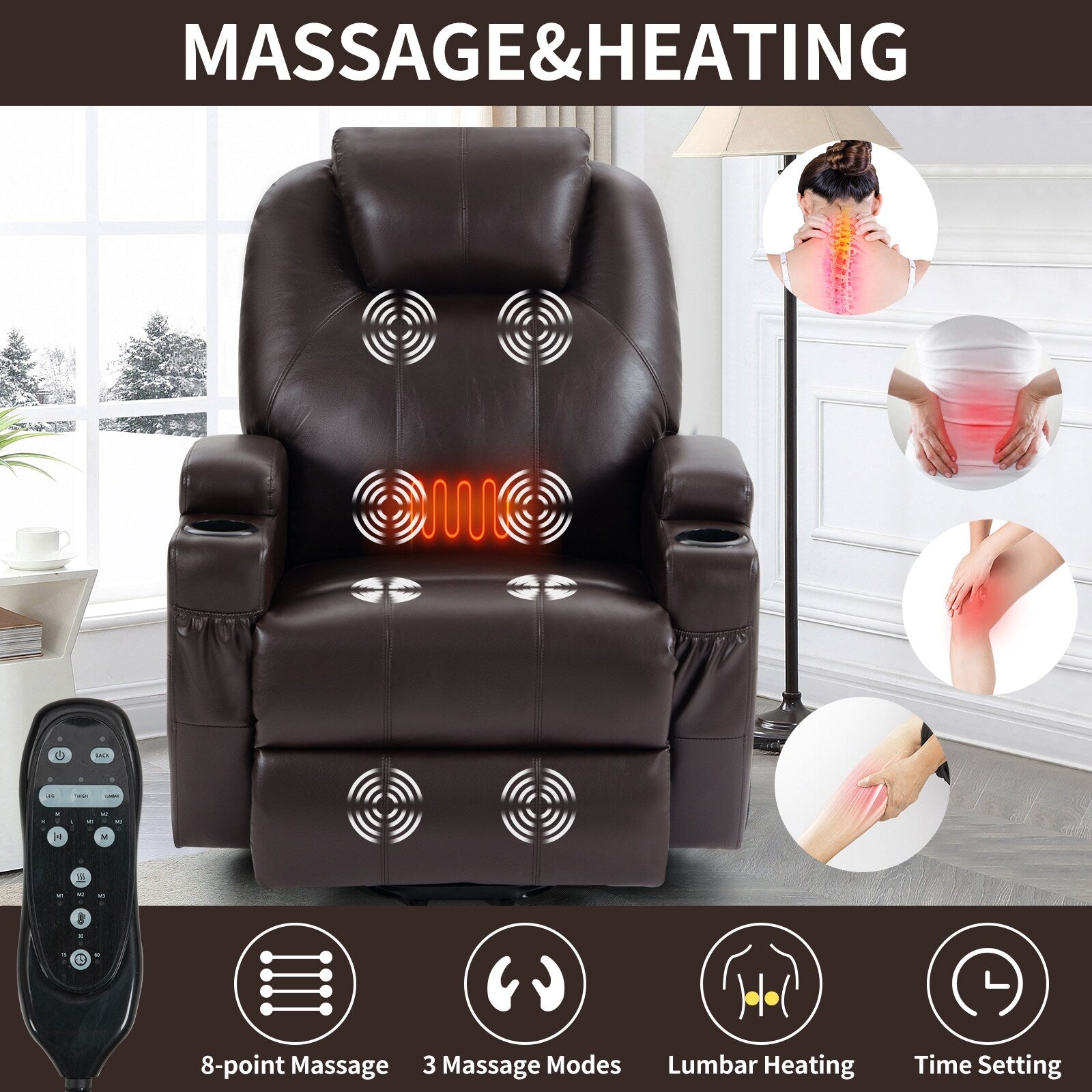 Fauteuil inclinable motorisé Okin noir avec massage par vibration à 8 points, chauffage lombaire, deux porte-gobelets et ports USB