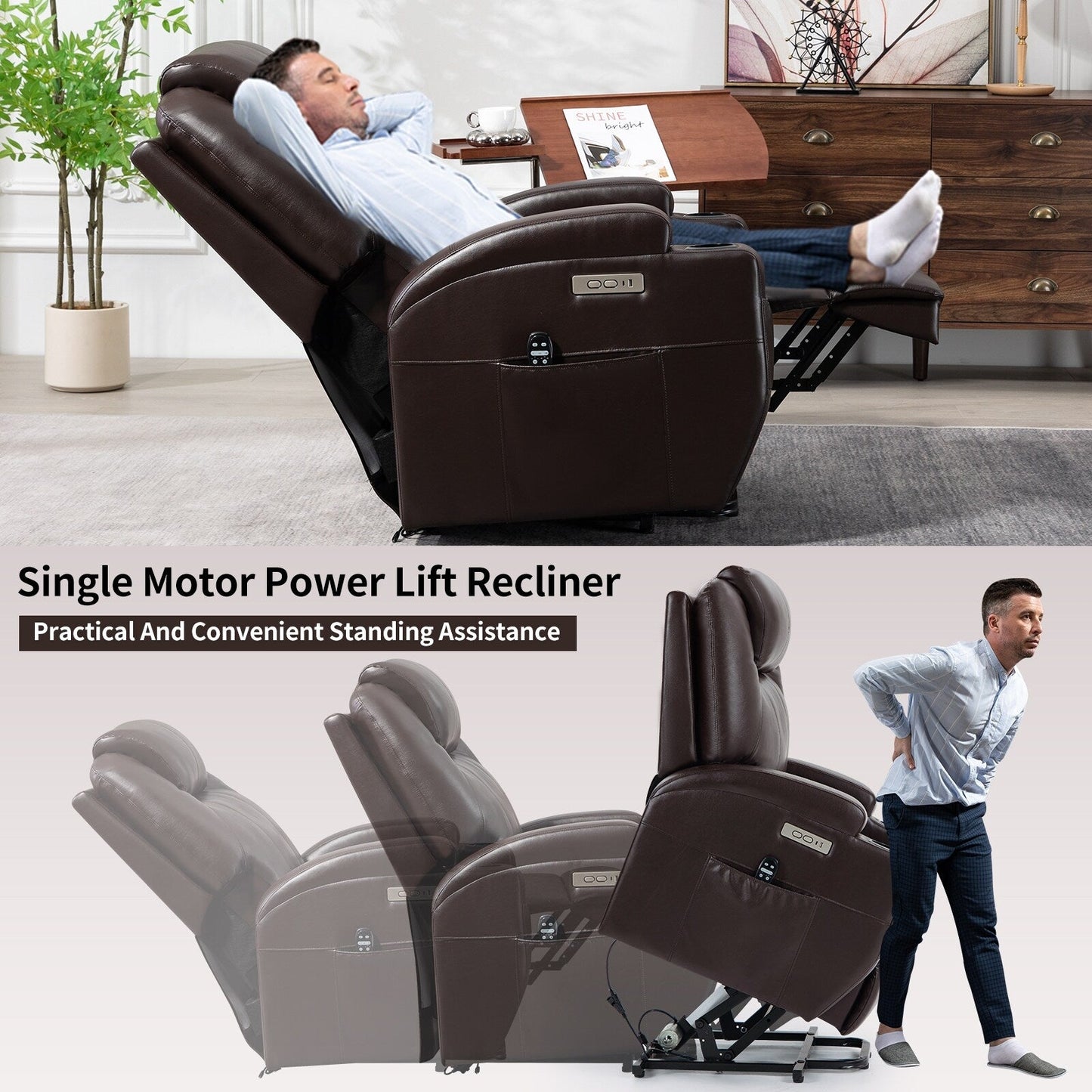 Fauteuil inclinable motorisé Okin noir avec massage par vibration à 8 points, chauffage lombaire, deux porte-gobelets et ports USB