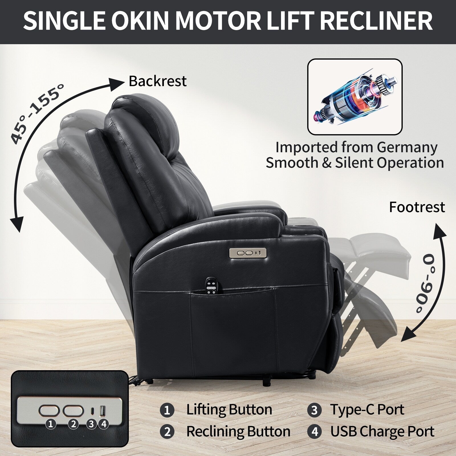 Fauteuil inclinable motorisé Okin noir avec massage par vibration à 8 points, chauffage lombaire, deux porte-gobelets et ports USB