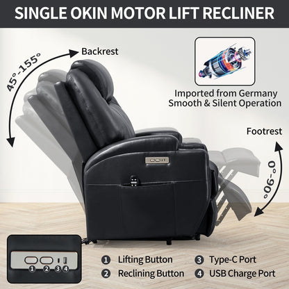Fauteuil inclinable motorisé Okin noir avec massage par vibration à 8 points, chauffage lombaire, deux porte-gobelets et ports USB