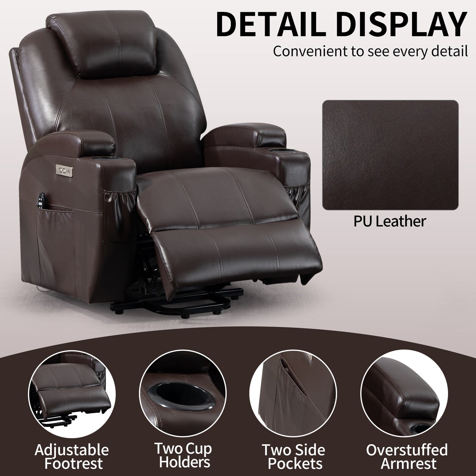 Fauteuil inclinable motorisé Okin noir avec massage par vibration à 8 points, chauffage lombaire, deux porte-gobelets et ports USB