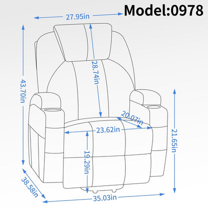 Fauteuil inclinable motorisé Okin noir avec massage par vibration à 8 points, chauffage lombaire, deux porte-gobelets et ports USB