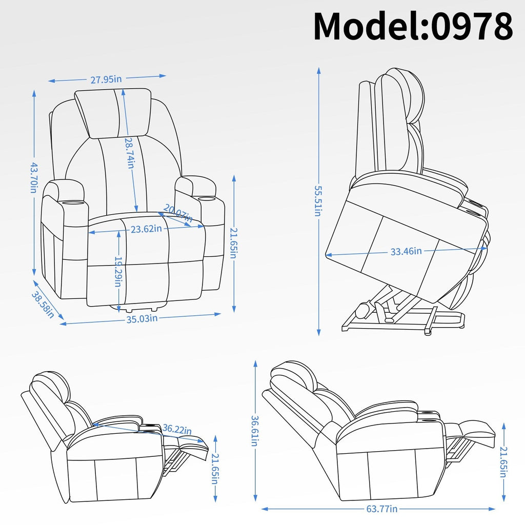 Fauteuil inclinable motorisé Okin noir avec massage par vibration à 8 points, chauffage lombaire, deux porte-gobelets et ports USB