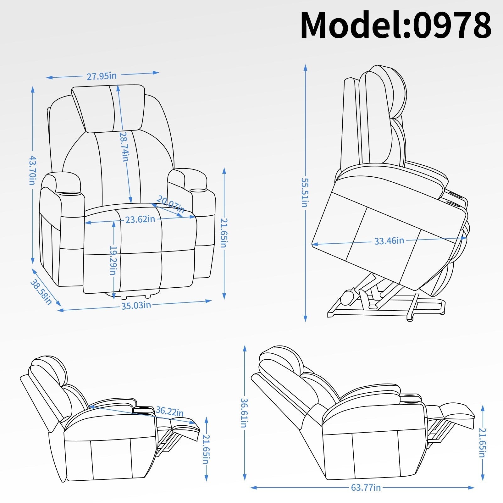 Fauteuil inclinable motorisé Okin noir avec massage par vibration à 8 points, chauffage lombaire, deux porte-gobelets et ports USB