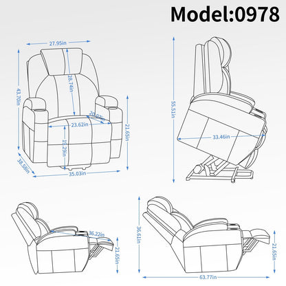Fauteuil inclinable motorisé Okin noir avec massage par vibration à 8 points, chauffage lombaire, deux porte-gobelets et ports USB