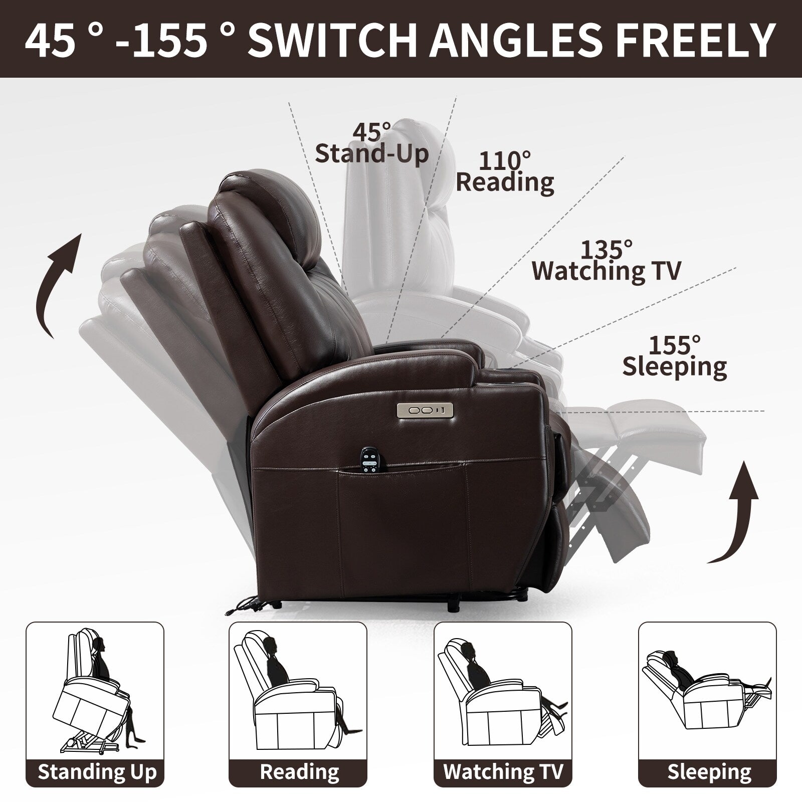 Fauteuil inclinable motorisé Okin noir avec massage par vibration à 8 points, chauffage lombaire, deux porte-gobelets et ports USB
