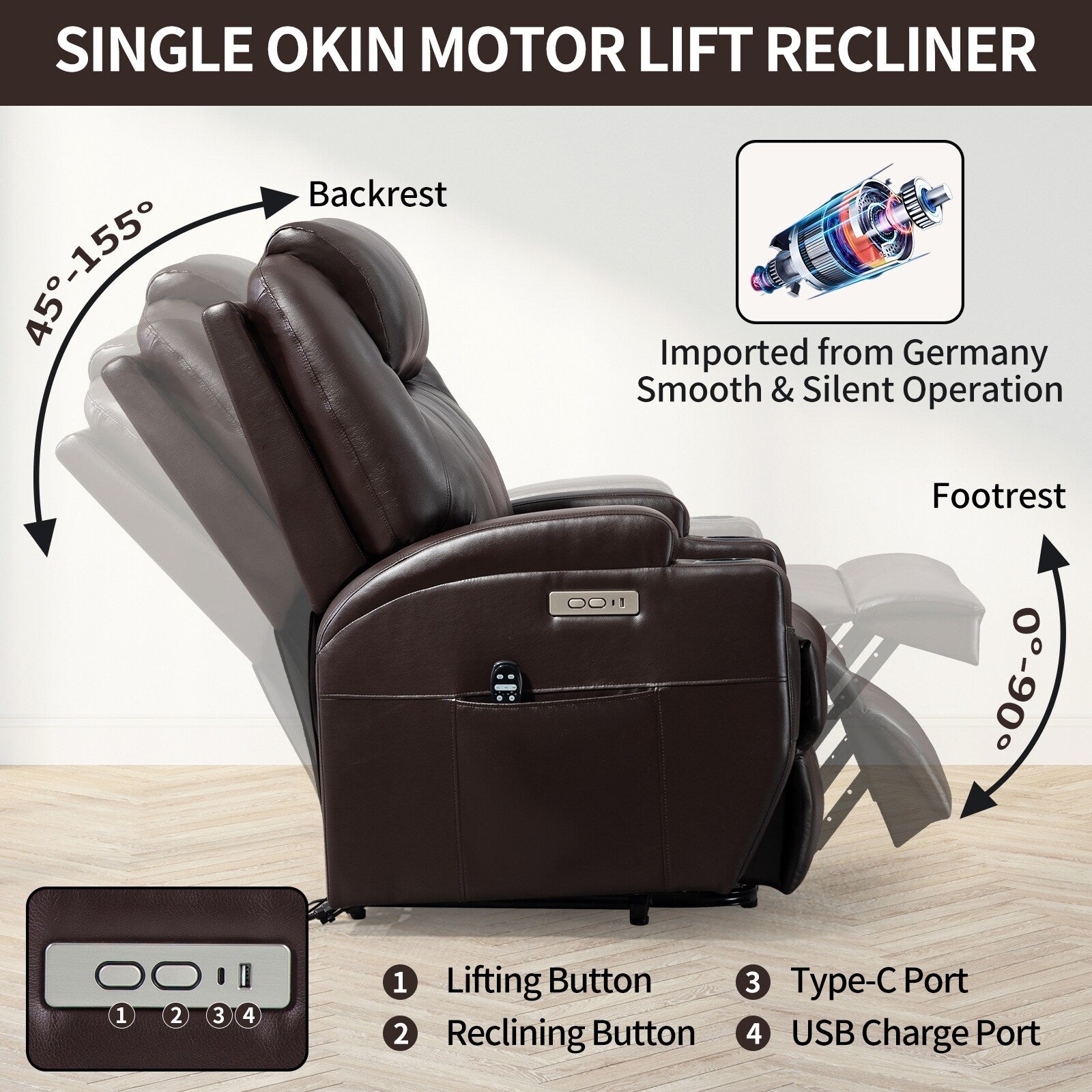 Fauteuil inclinable motorisé Okin noir avec massage par vibration à 8 points, chauffage lombaire, deux porte-gobelets et ports USB