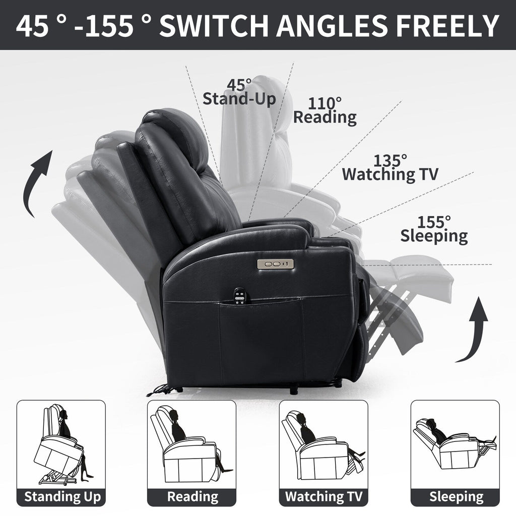 Fauteuil inclinable motorisé Okin noir avec massage par vibration à 8 points, chauffage lombaire, deux porte-gobelets et ports USB