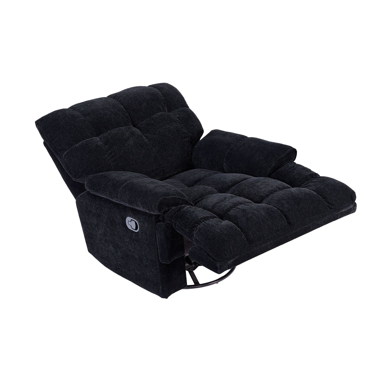 Fauteuil inclinable manuel pivotant à 360°, rembourré et noir, avec accoudoirs et siège plus larges pour le salon