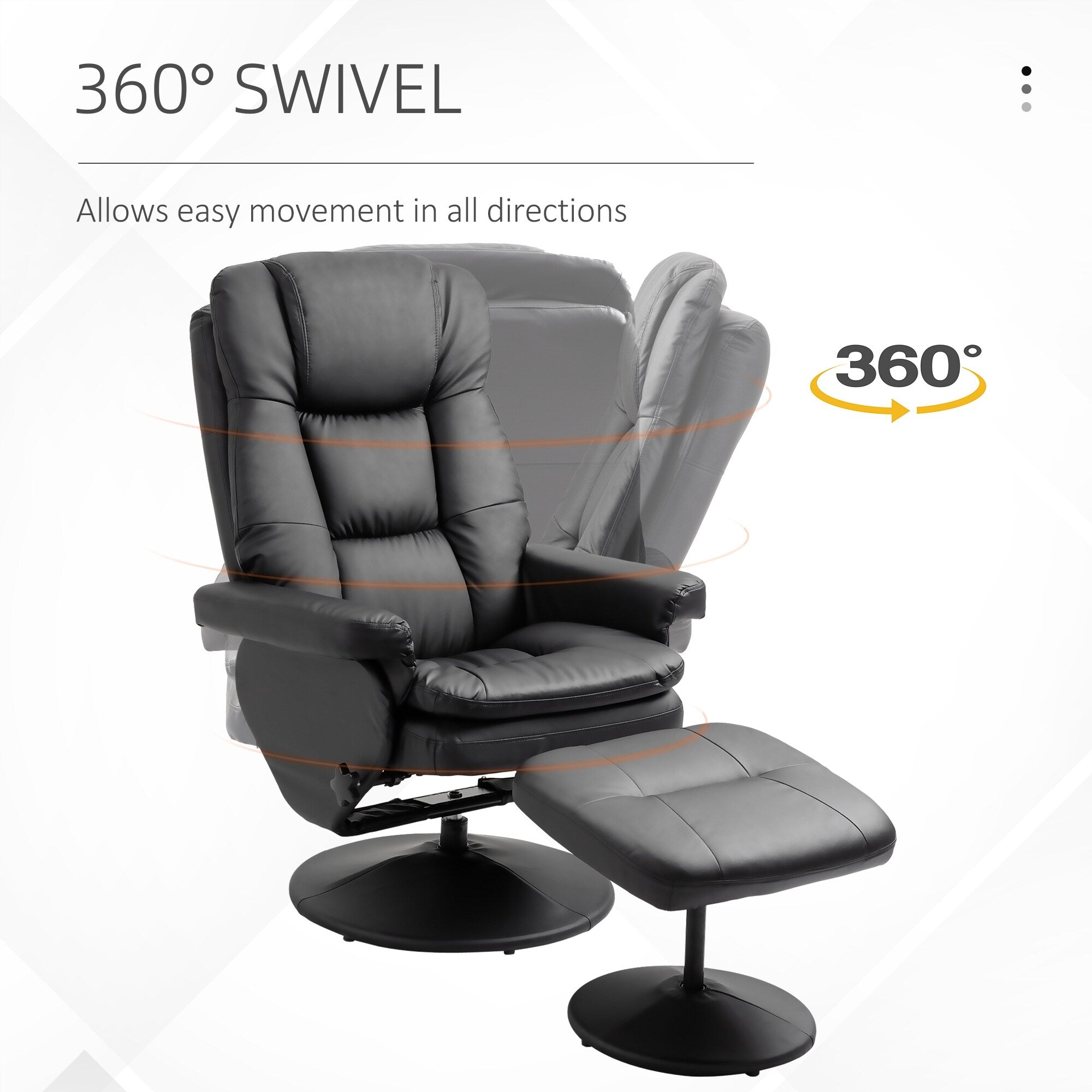 Fauteuil inclinable en cuir synthétique noir avec repose-pieds, dossier réglable et base pivotante