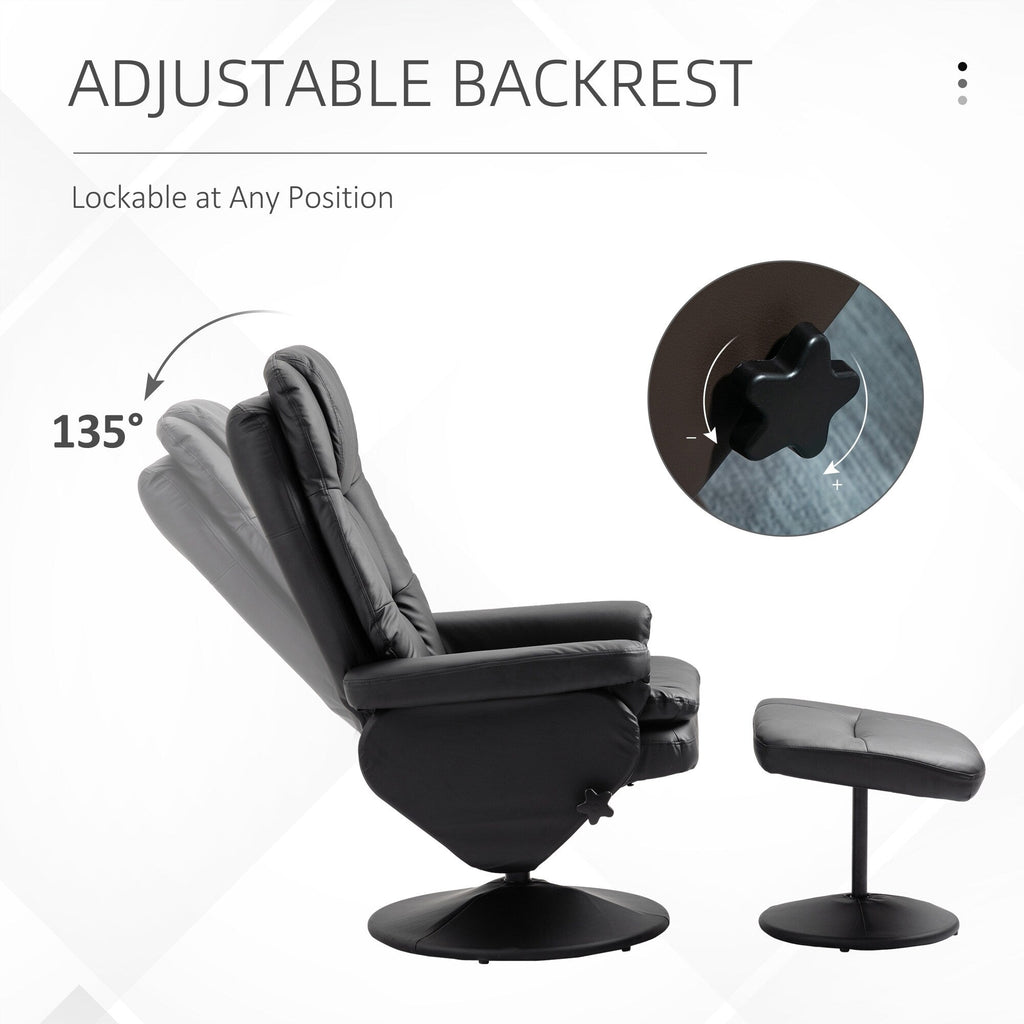 Fauteuil inclinable en cuir synthétique noir avec repose-pieds, dossier réglable et base pivotante