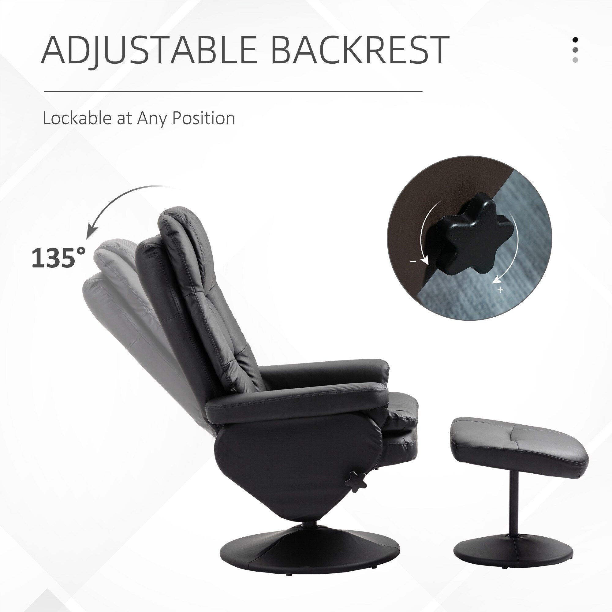 Fauteuil inclinable en cuir synthétique noir avec repose-pieds, dossier réglable et base pivotante