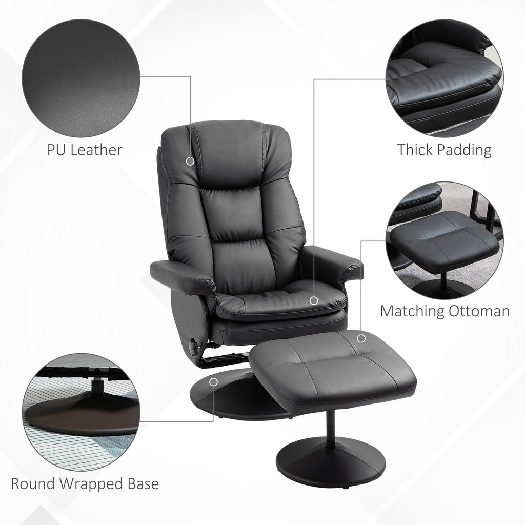 Fauteuil inclinable en cuir synthétique noir avec repose-pieds, dossier réglable et base pivotante