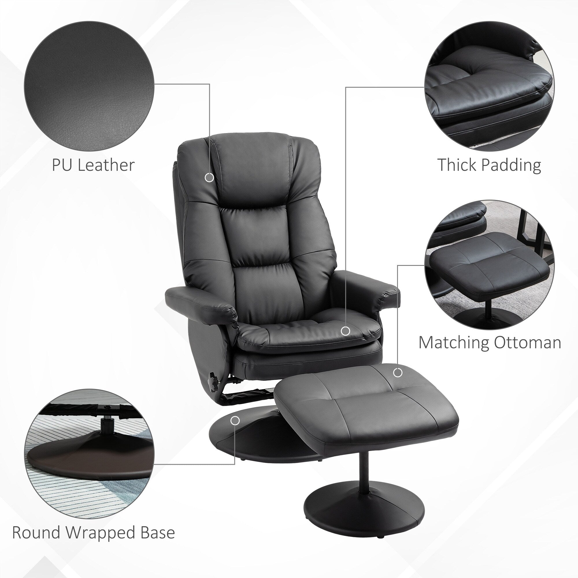 Fauteuil inclinable en cuir synthétique noir avec repose-pieds, dossier réglable et base pivotante