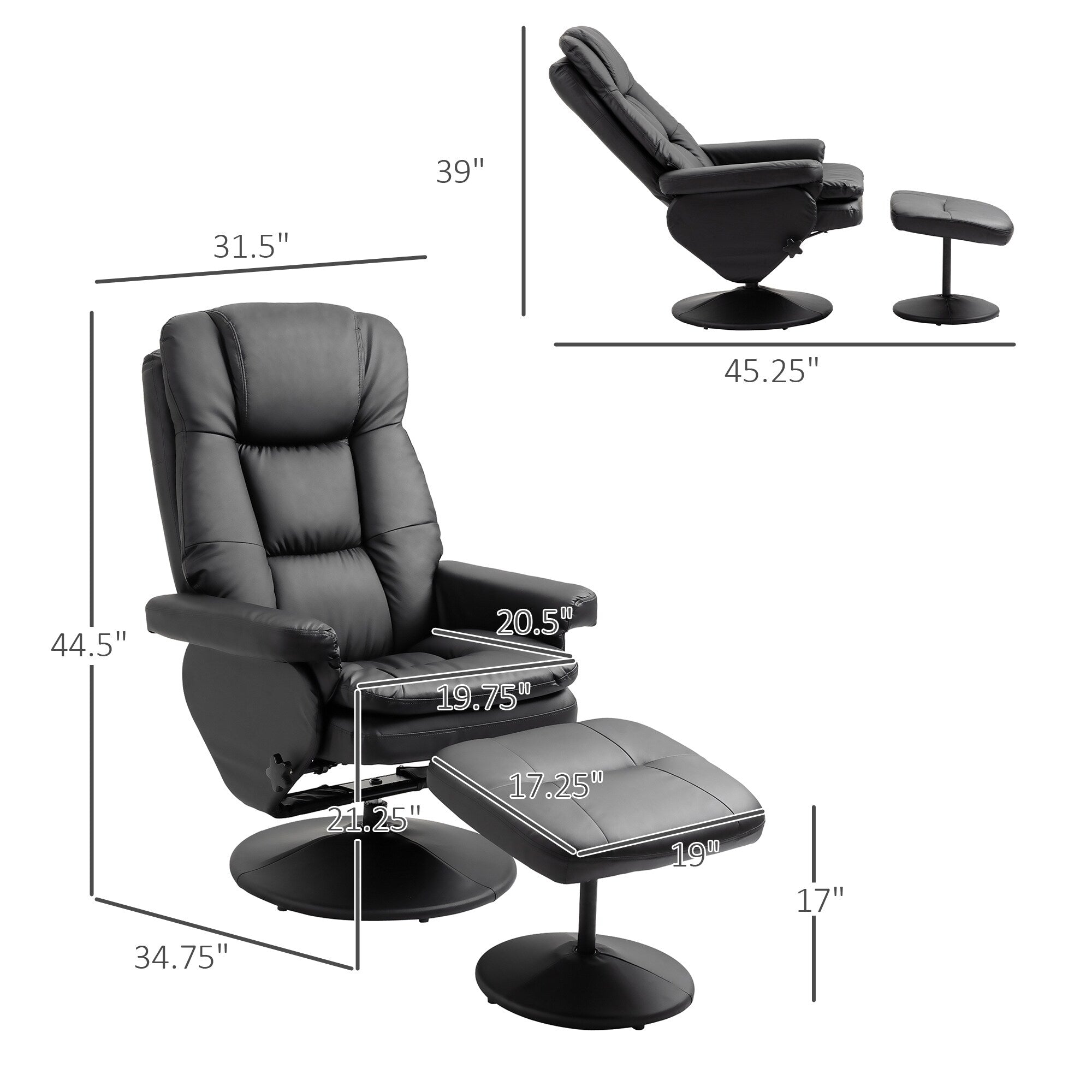 Fauteuil inclinable en cuir synthétique noir avec repose-pieds, dossier réglable et base pivotante