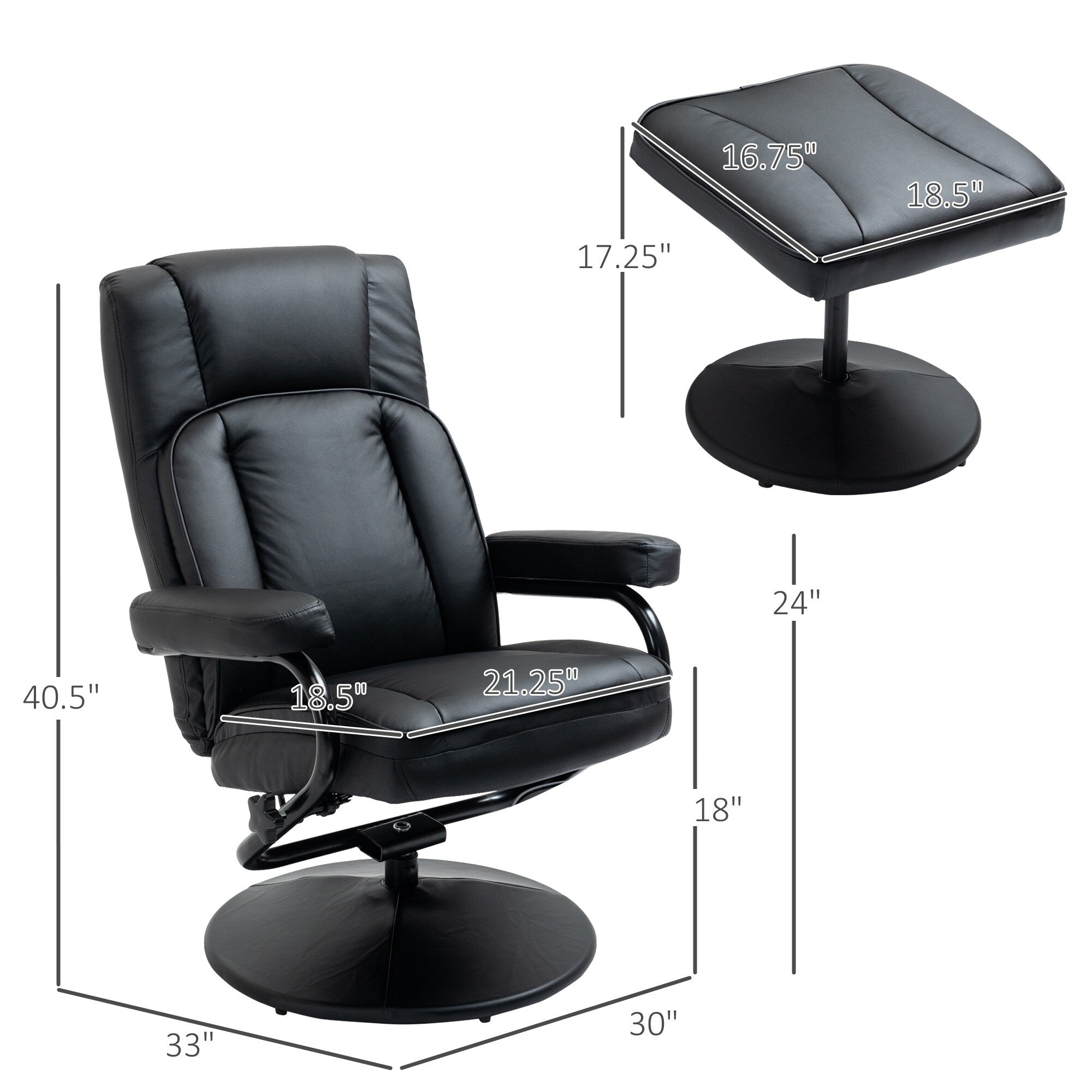 Fauteuil inclinable pivotant en cuir PU noir avec repose-pieds ottoman, réglages manuels