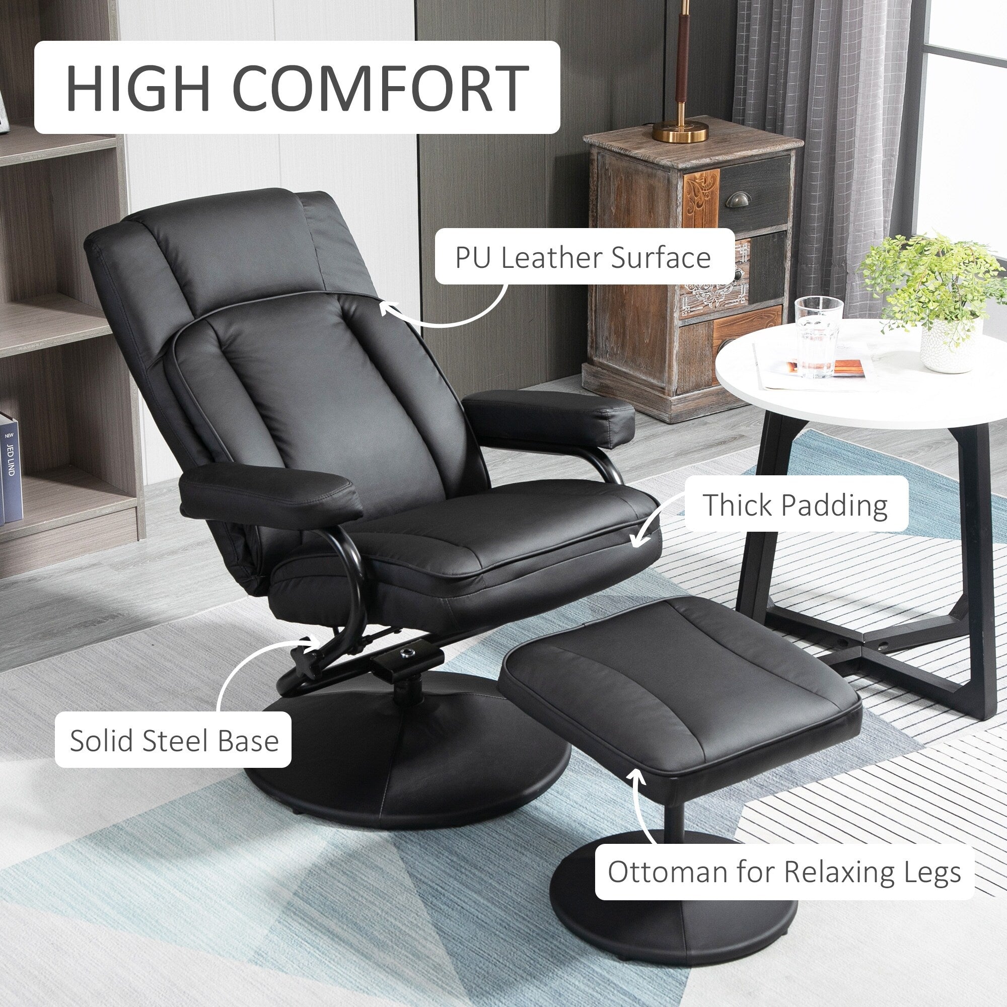 Fauteuil inclinable pivotant en cuir PU noir avec repose-pieds ottoman, réglages manuels