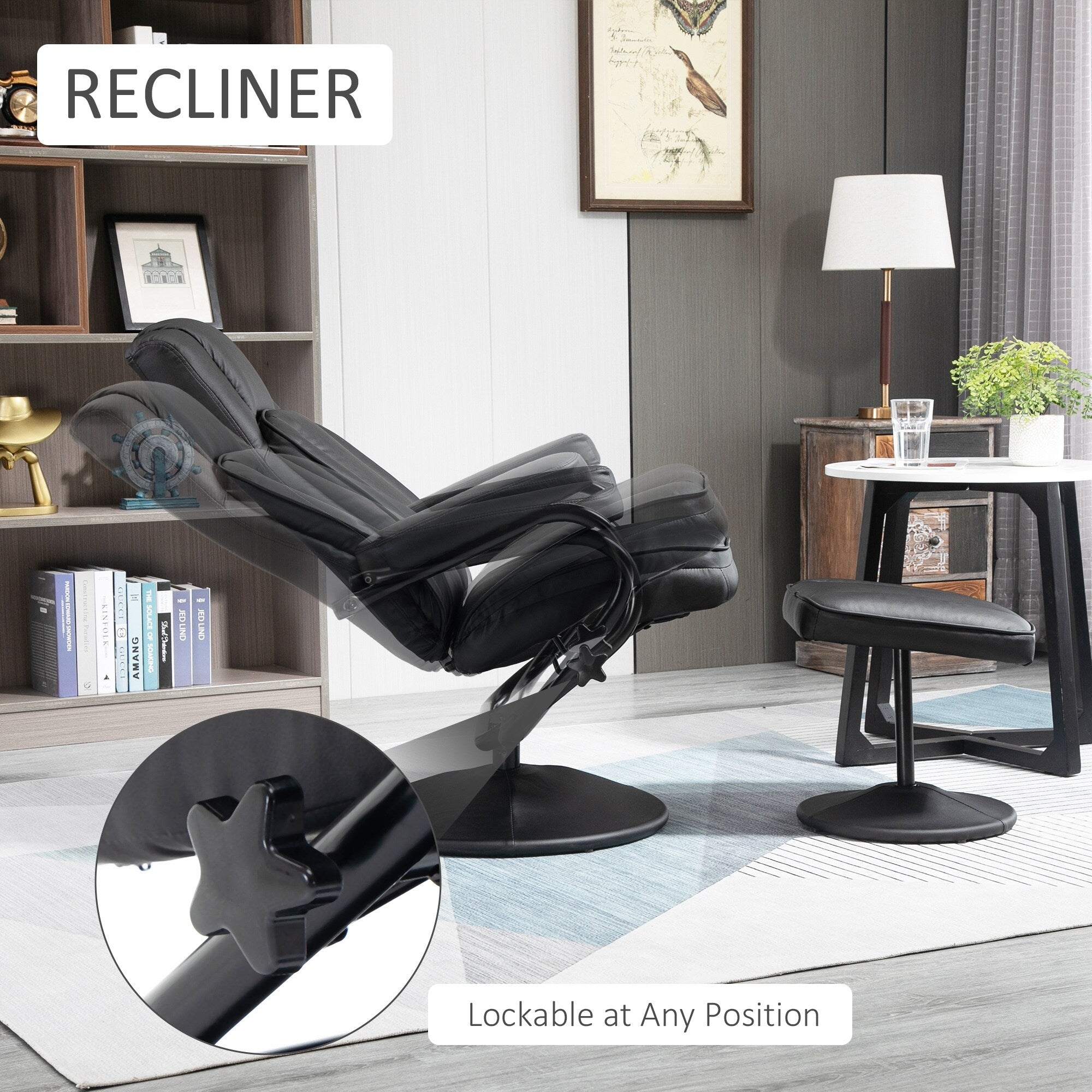 Fauteuil inclinable pivotant en cuir PU noir avec repose-pieds ottoman, réglages manuels