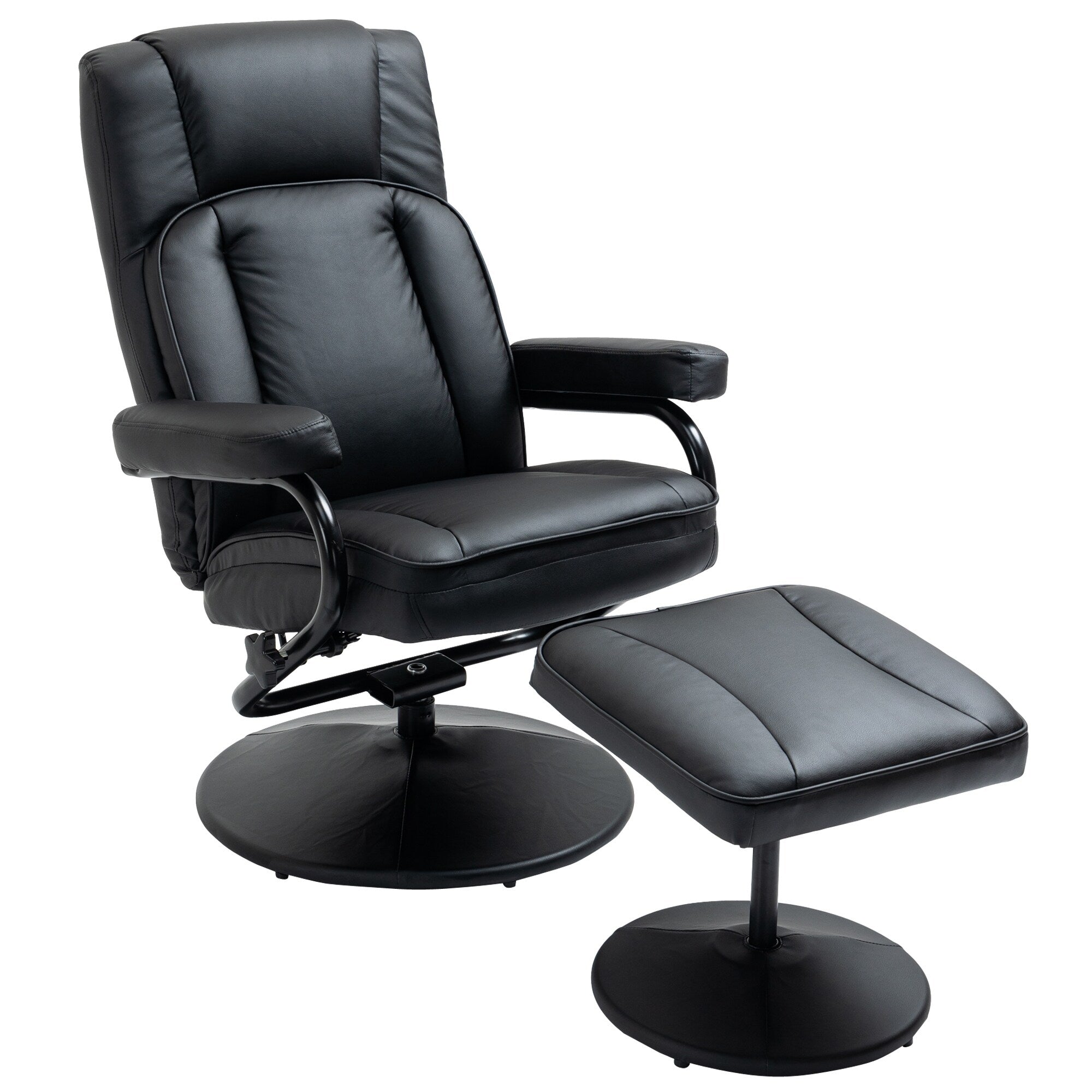 Fauteuil inclinable pivotant en cuir PU noir avec repose-pieds ottoman, réglages manuels