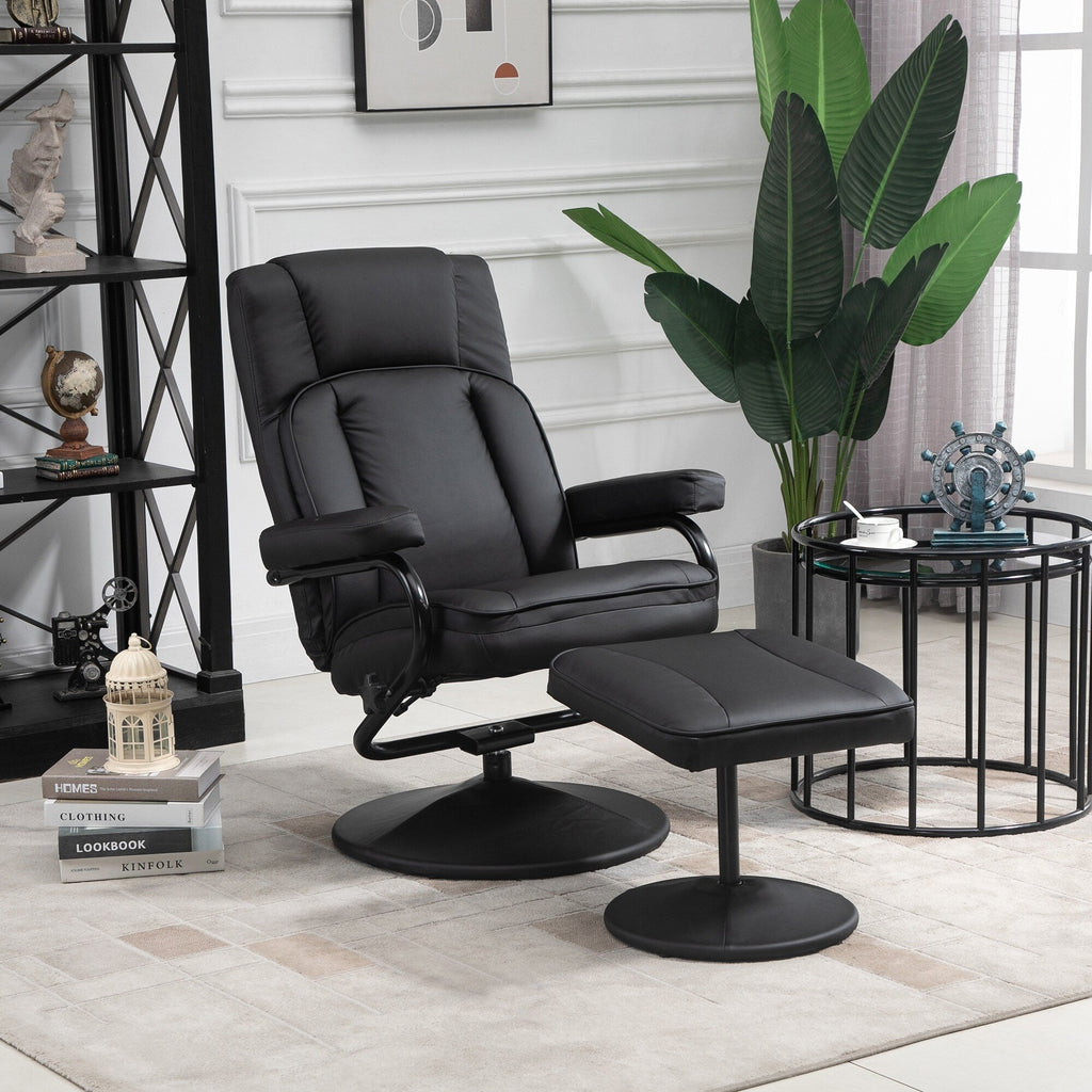 Fauteuil inclinable pivotant en cuir PU noir avec repose-pieds ottoman, réglages manuels