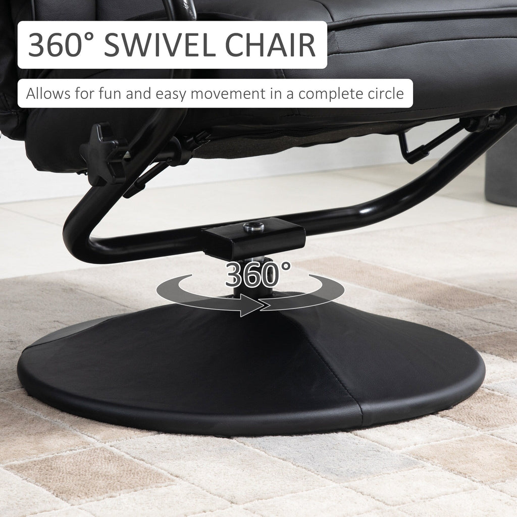 Fauteuil inclinable pivotant en cuir PU noir avec repose-pieds ottoman, réglages manuels
