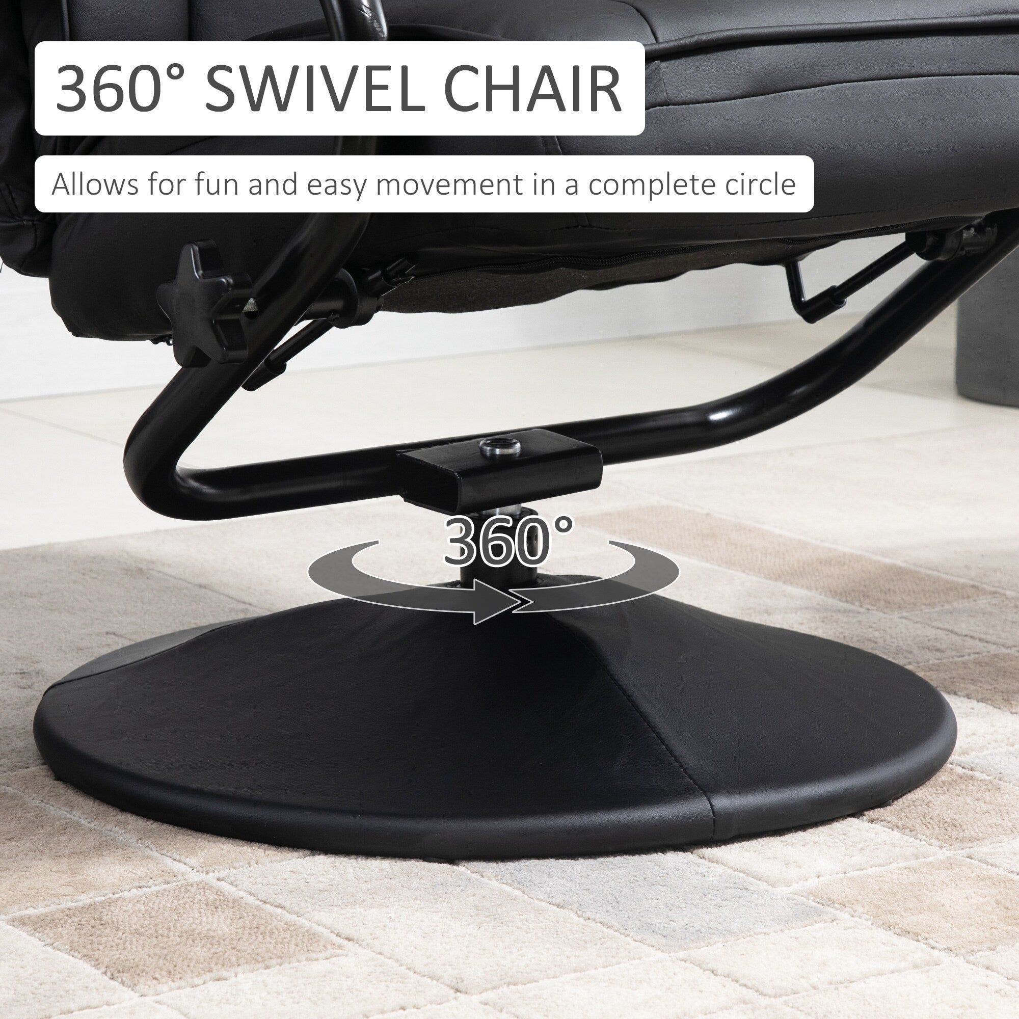 Fauteuil inclinable pivotant en cuir PU noir avec repose-pieds ottoman, réglages manuels