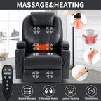Fauteuil inclinable électrique noir avec deux ports USB, massage 8 points, chauffage lombaire, porte-gobelets et moteur Okin silencieux