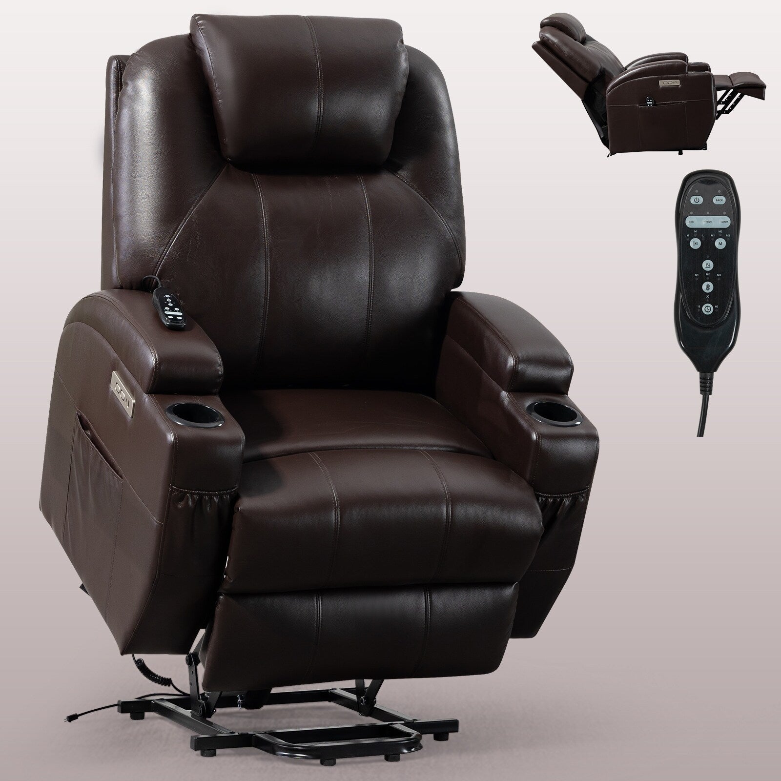 Fauteuil inclinable électrique noir avec deux ports USB, massage 8 points, chauffage lombaire, porte-gobelets et moteur Okin silencieux