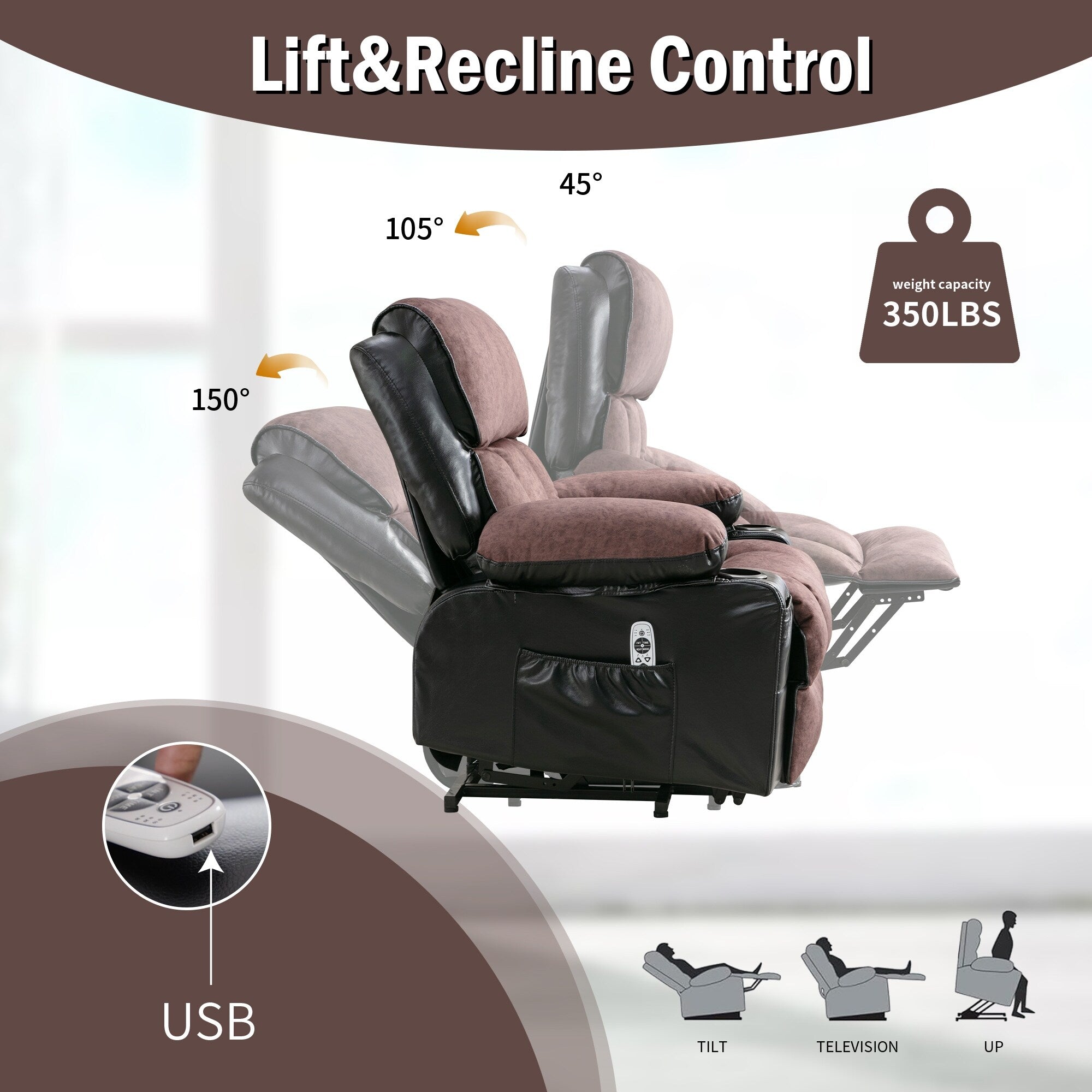 Fauteuil inclinable électrique noir avec massage, chauffage et cuir synthétique