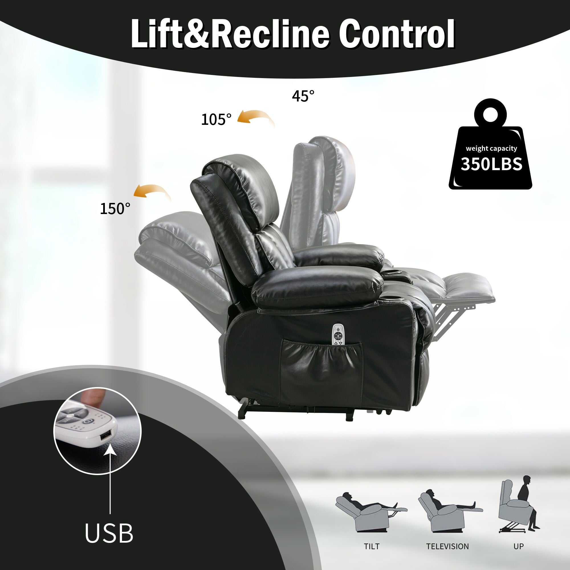 Fauteuil inclinable électrique noir avec massage, chauffage et cuir synthétique