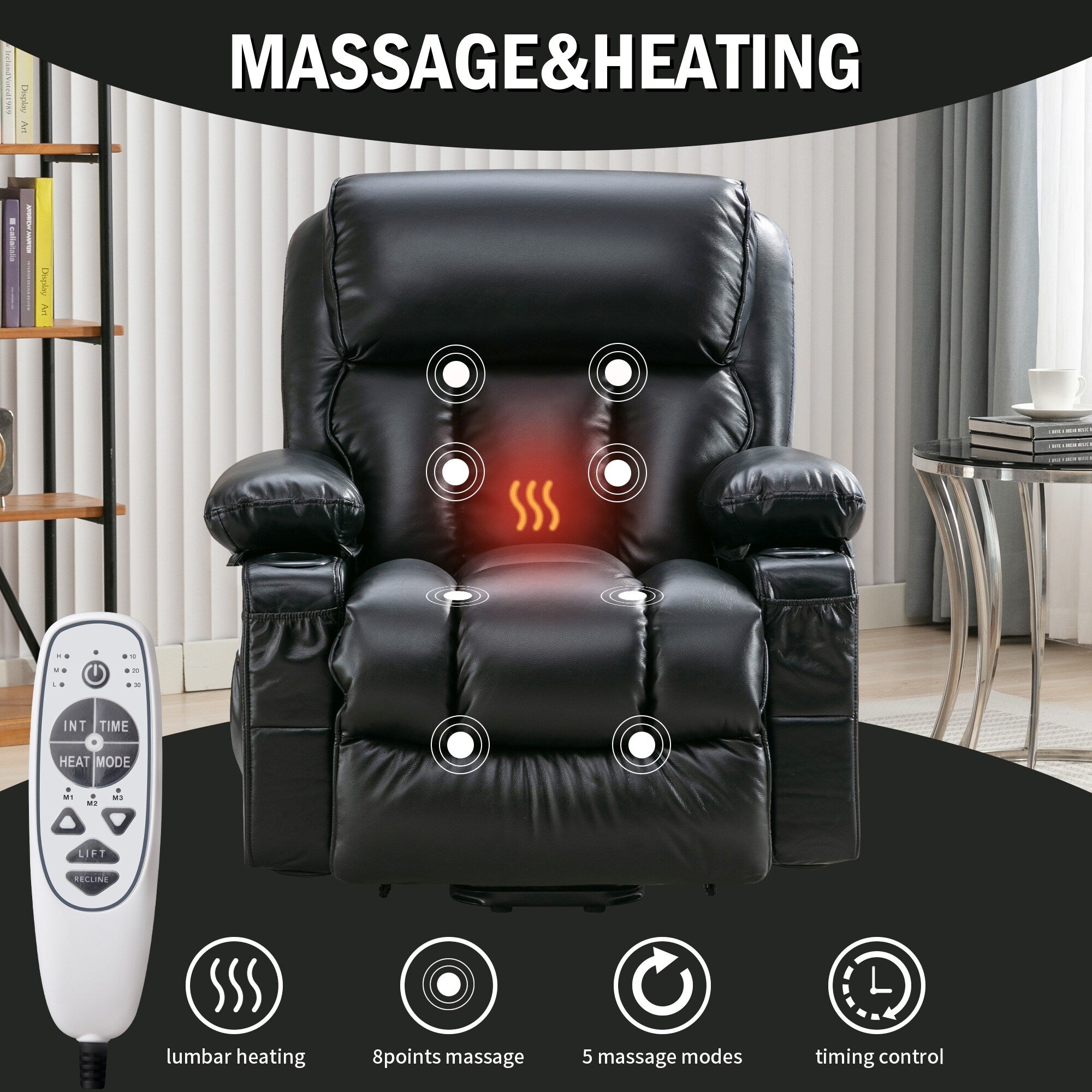 Fauteuil inclinable électrique noir avec massage, chauffage et cuir synthétique