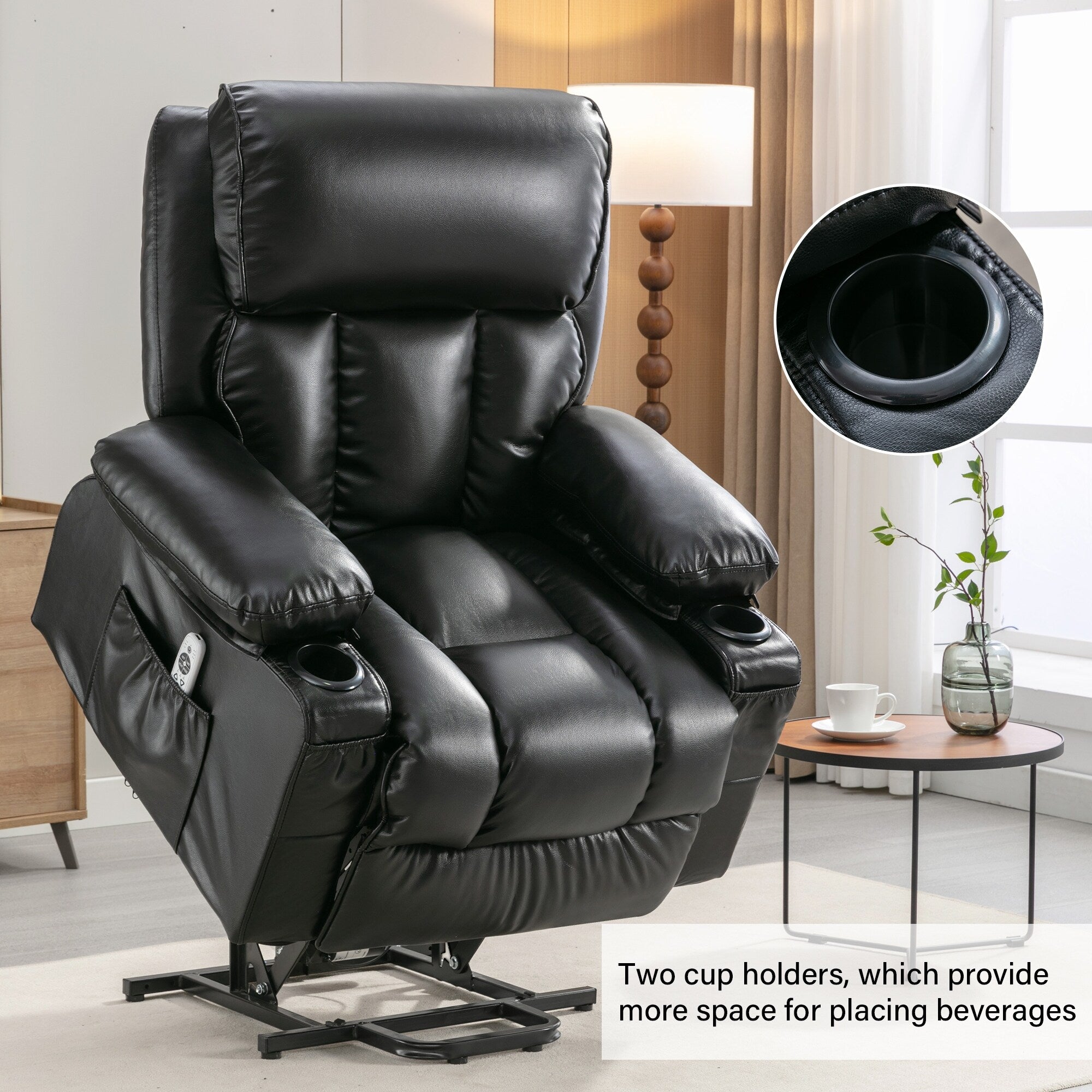Fauteuil inclinable électrique noir avec massage, chauffage et cuir synthétique
