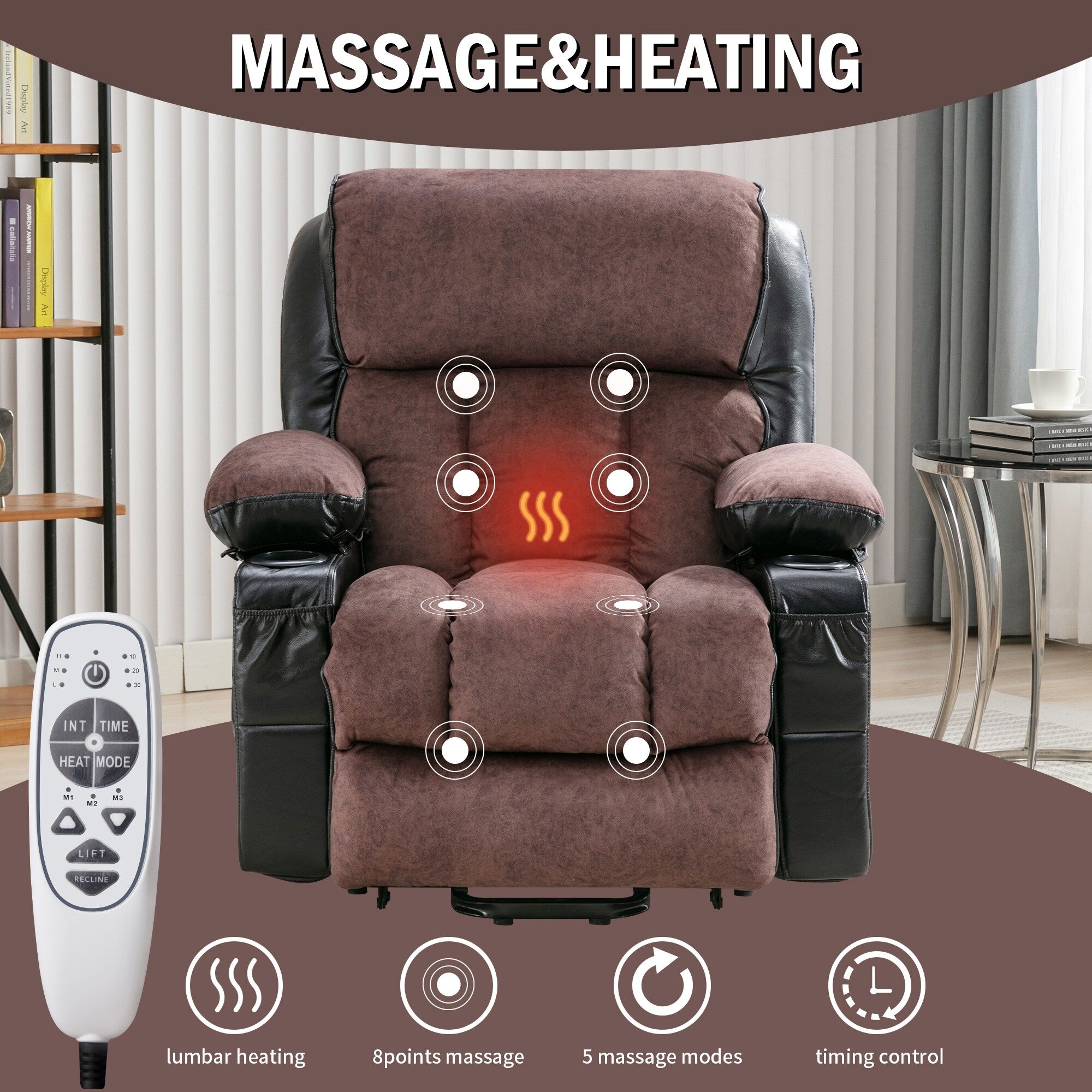 Fauteuil inclinable électrique noir avec massage, chauffage et cuir synthétique