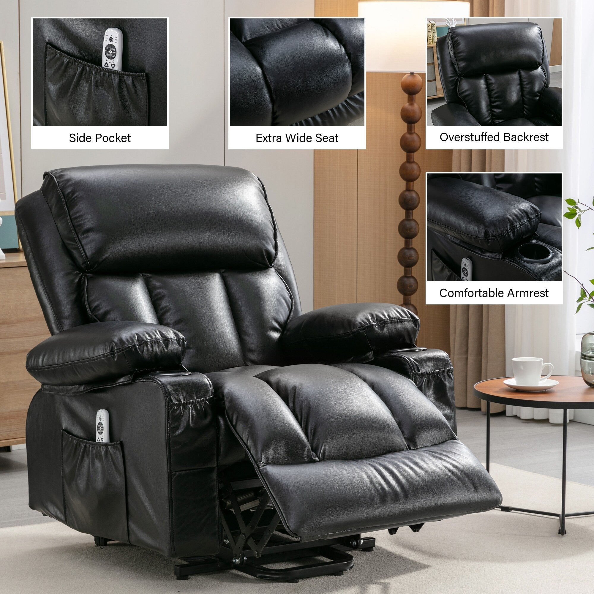 Fauteuil inclinable électrique noir avec massage, chauffage et cuir synthétique