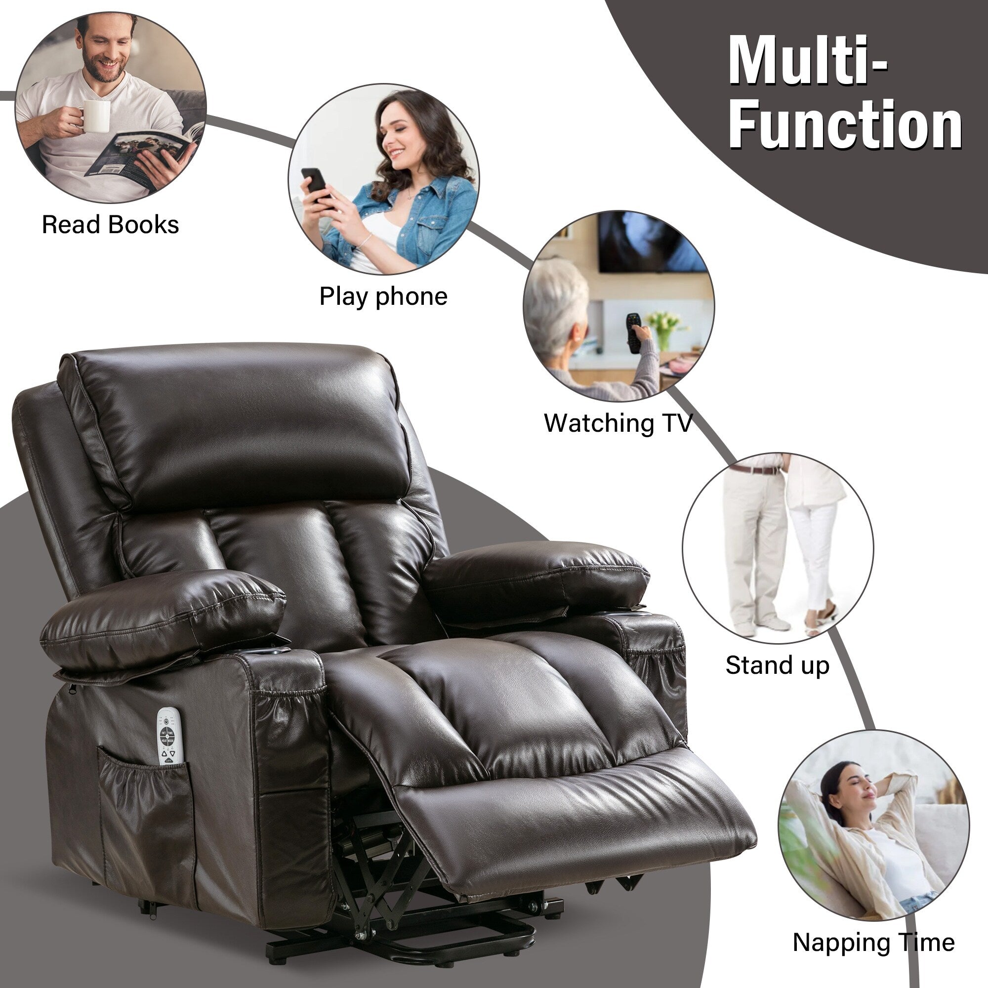 Fauteuil inclinable électrique noir avec massage, chauffage et cuir synthétique
