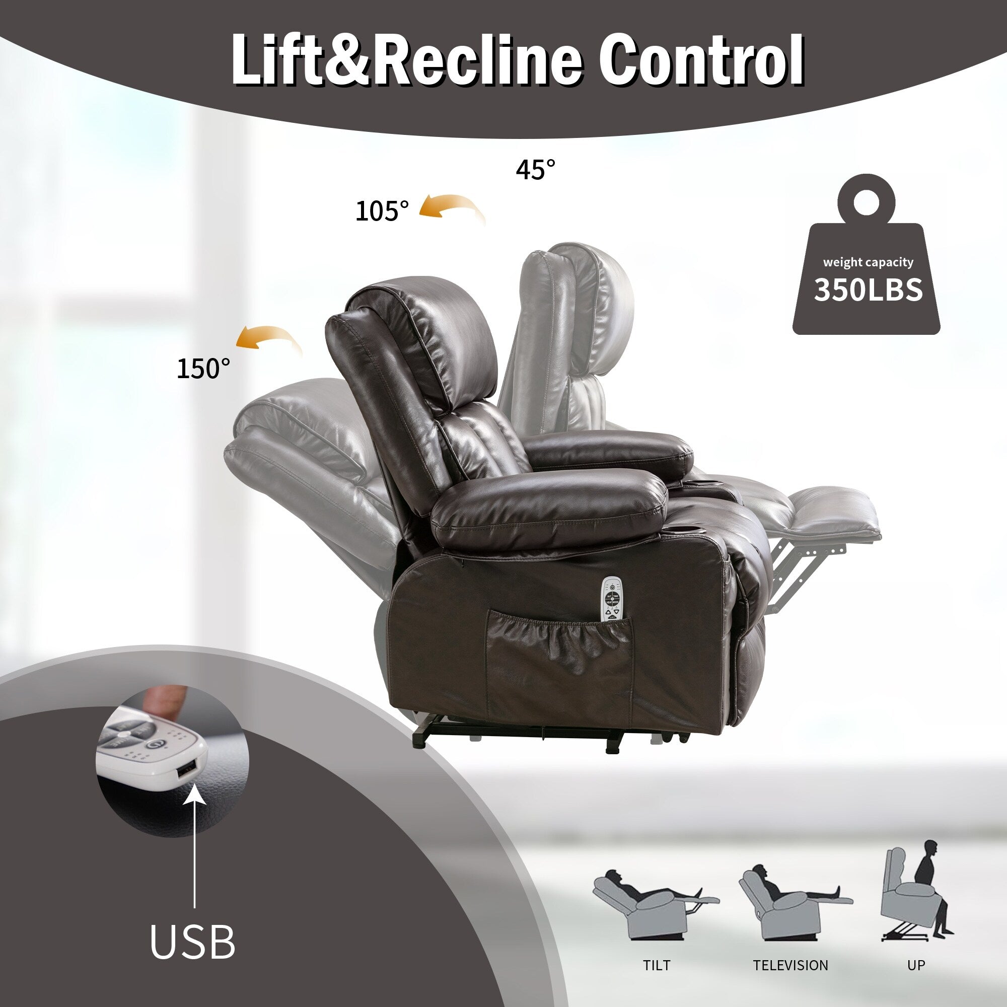Fauteuil inclinable électrique noir avec massage, chauffage et cuir synthétique