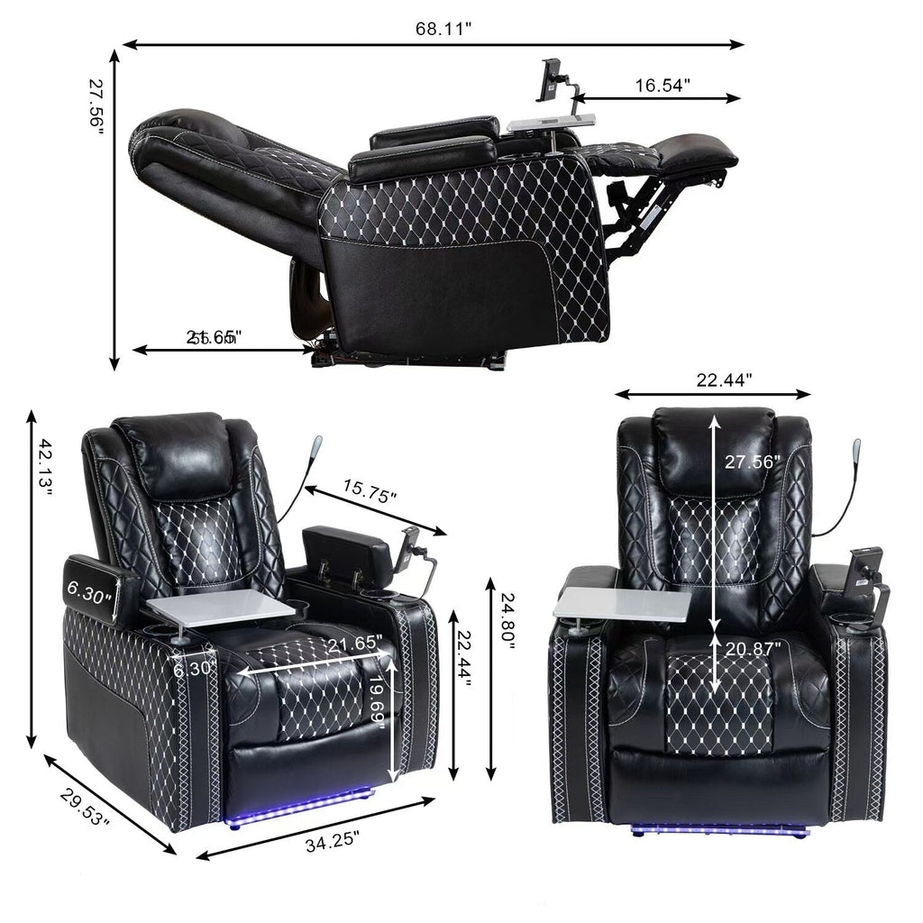 Fauteuil inclinable noir Power Zero Gravity avec accoudoir de rangement, porte-gobelet, table pour ordinateur portable, support pour téléphone, lampe de lecture et port USB