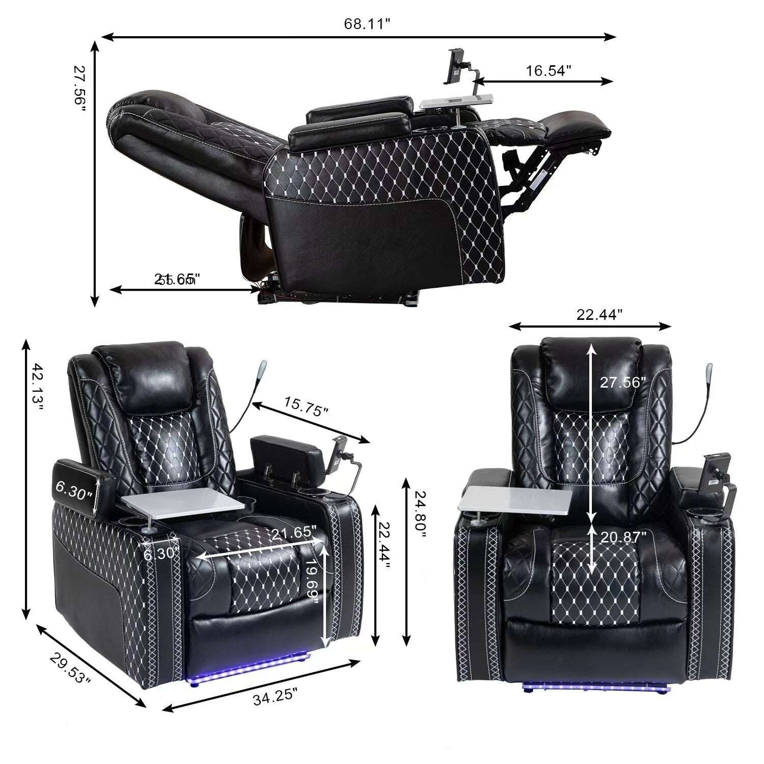 Fauteuil inclinable noir Power Zero Gravity avec accoudoir de rangement, porte-gobelet, table pour ordinateur portable, support pour téléphone, lampe de lecture et port USB